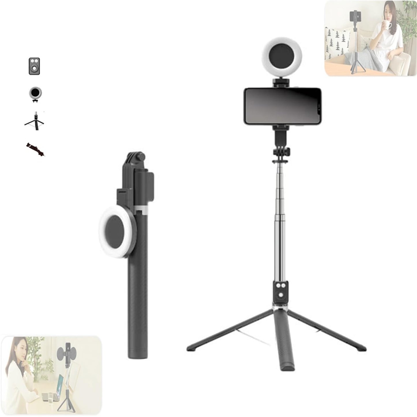 Selfie Stick, 6 in 1 Wireless Bluetooth Selfie Stick,6 in 1 Bluetooth Selfie Stick Tripod with Detachable Wireless Remote, Selfie Stick Tripod with Remote &Light (Pink, Double Fill Light)