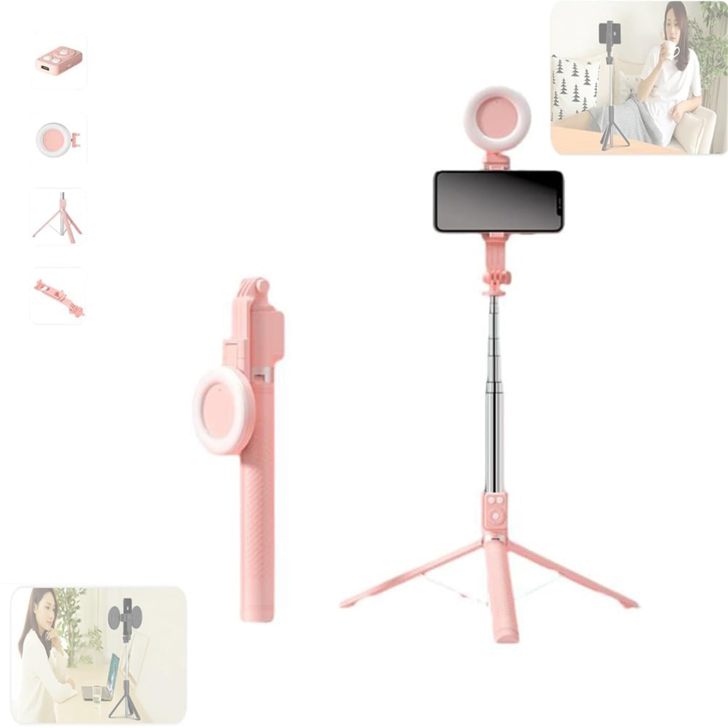 Selfie Stick, 6 in 1 Wireless Bluetooth Selfie Stick,6 in 1 Bluetooth Selfie Stick Tripod with Detachable Wireless Remote, Selfie Stick Tripod with Remote &Light (Pink, Double Fill Light)