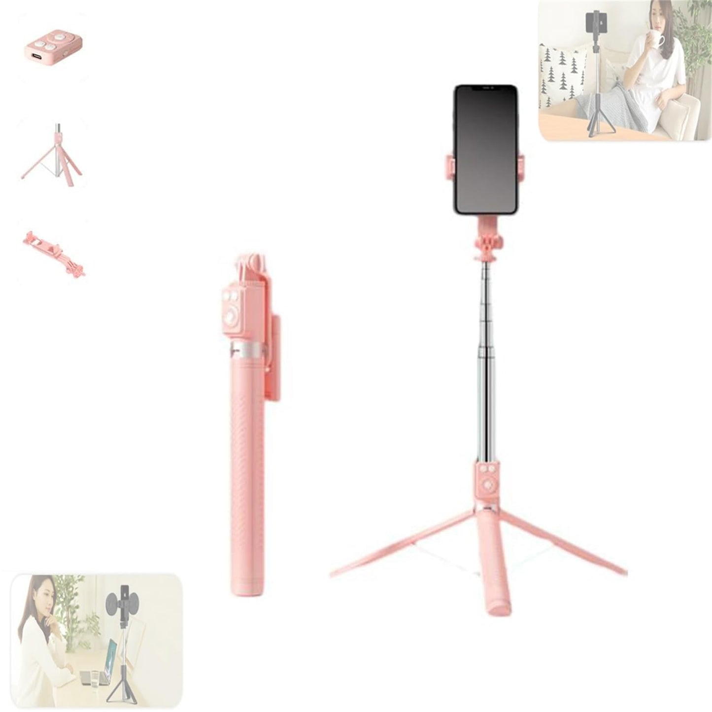 Selfie Stick, 6 in 1 Wireless Bluetooth Selfie Stick,6 in 1 Bluetooth Selfie Stick Tripod with Detachable Wireless Remote, Selfie Stick Tripod with Remote &Light (Pink, Double Fill Light)