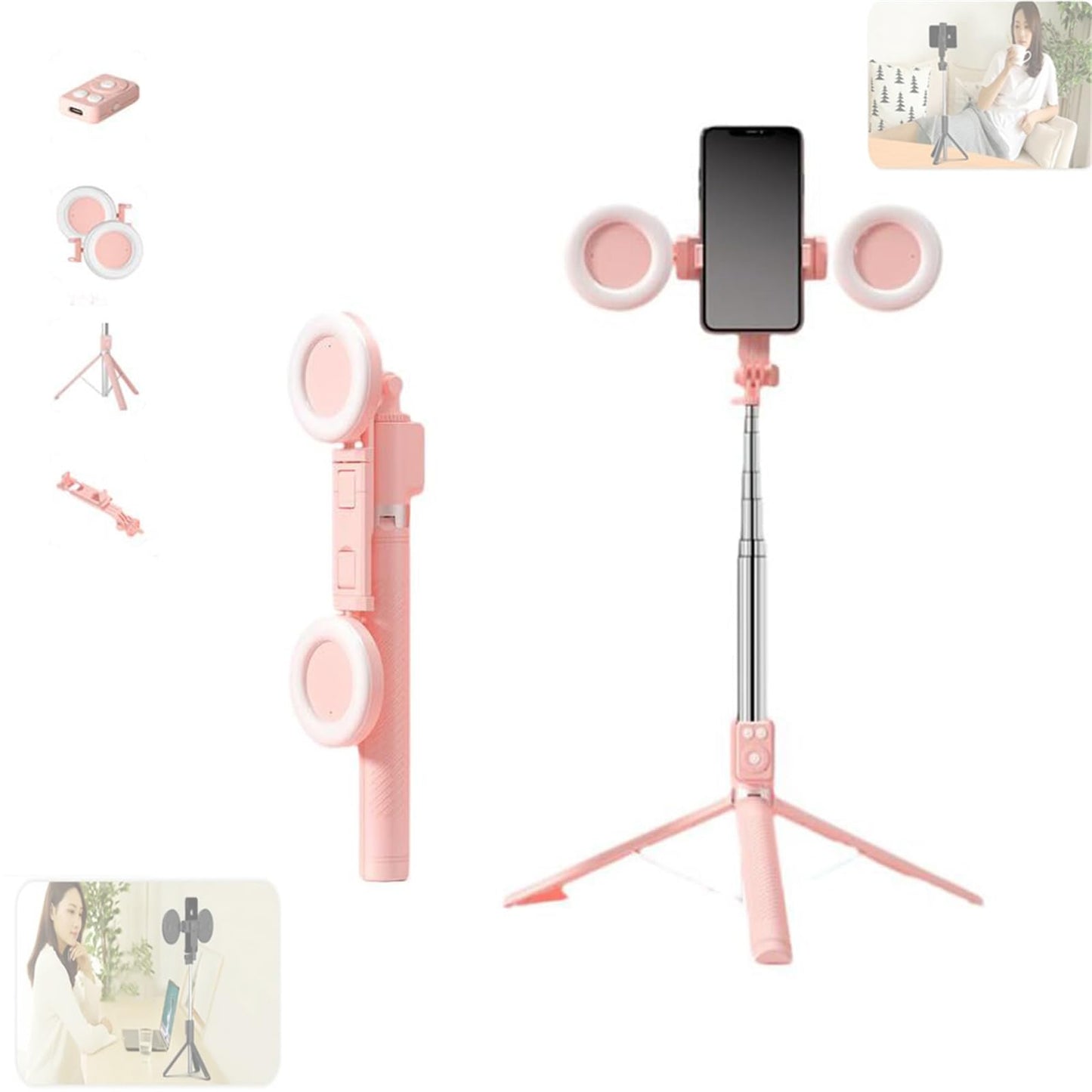 Selfie Stick, 6 in 1 Wireless Bluetooth Selfie Stick,6 in 1 Bluetooth Selfie Stick Tripod with Detachable Wireless Remote, Selfie Stick Tripod with Remote &Light (Pink, Double Fill Light)