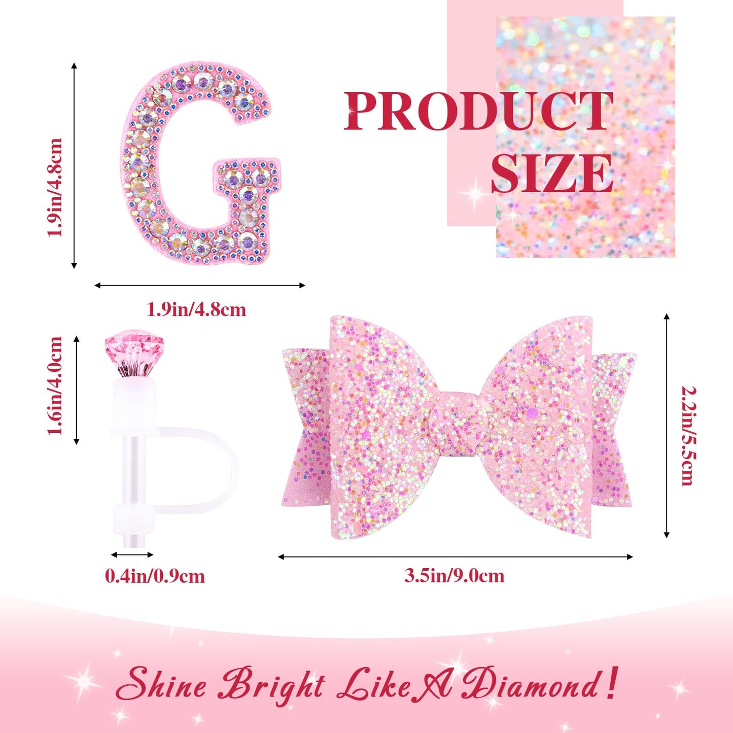 Pink Accessories Set for Stanley Cup 30Oz 40Oz, Bling Letter Charms, Diamond Straw Cover, Glitter Silicone Boot, Personalized Sticker, Bow Straw Topper for Stanley Cup Accessories