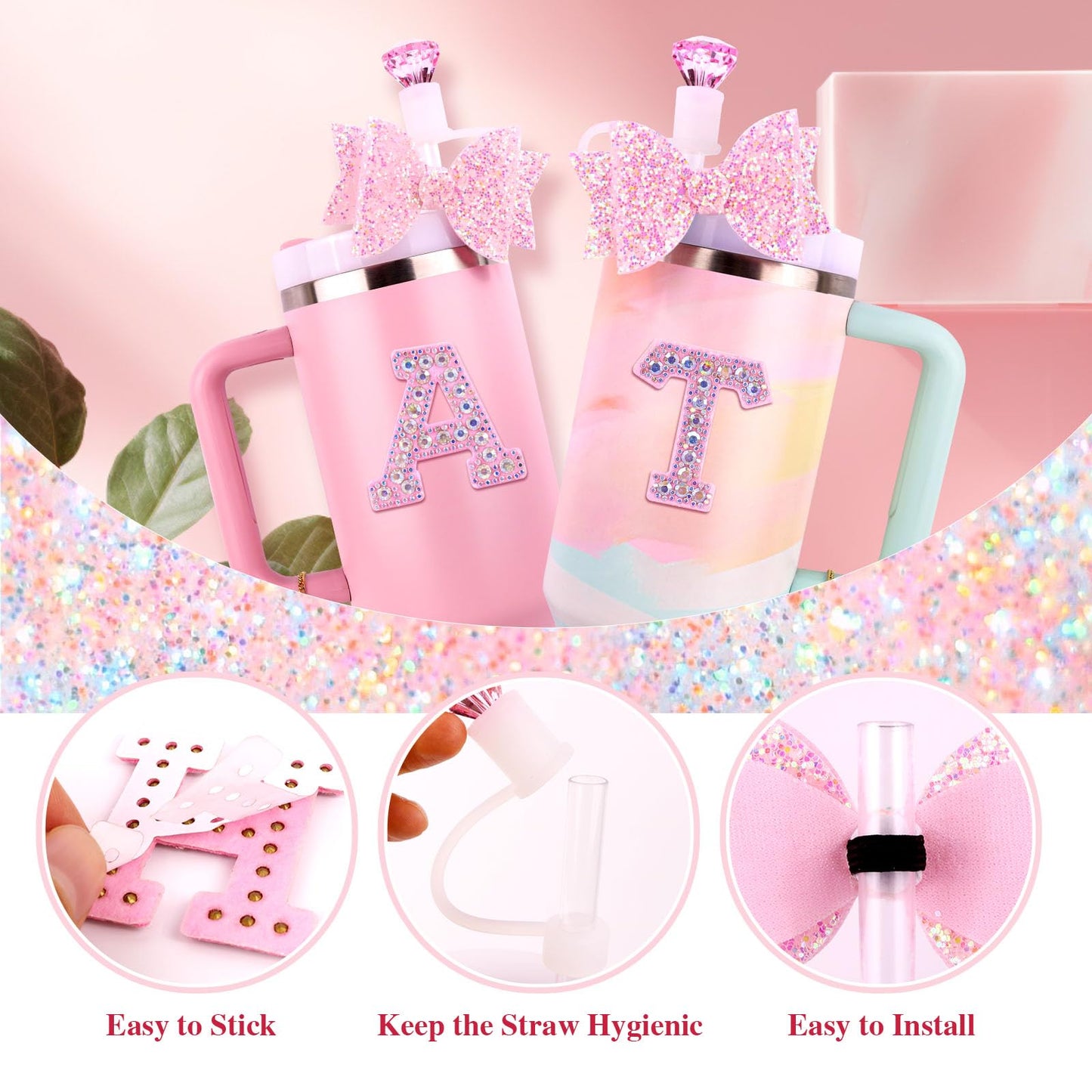 Pink Accessories Set for Stanley Cup 30Oz 40Oz, Bling Letter Charms, Diamond Straw Cover, Glitter Silicone Boot, Personalized Sticker, Bow Straw Topper for Stanley Cup Accessories