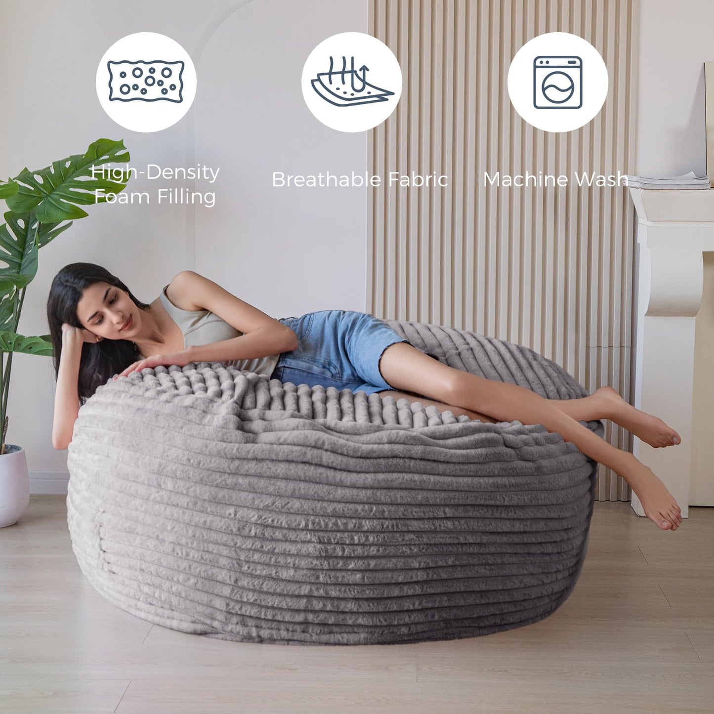 Giant Bean Bag Chair Bed for Adults, Convertible Beanbag Folds from Lazy Chair to Floor Mattress Bed, Large Floor Sofa Couch, Big Sofa Bed, High-Density Foam Filling, Machine Washable Cover
