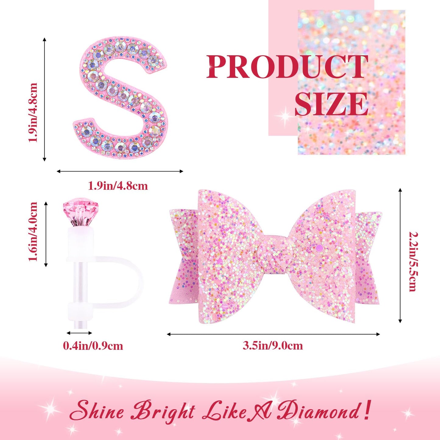 Pink Accessories Set for Stanley Cup 30Oz 40Oz, Bling Letter Charms, Diamond Straw Cover, Glitter Silicone Boot, Personalized Sticker, Bow Straw Topper for Stanley Cup Accessories