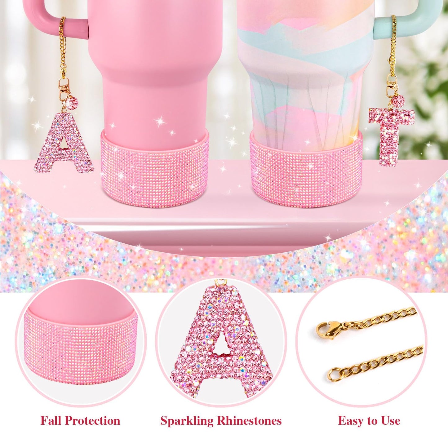 Pink Accessories Set for Stanley Cup 30Oz 40Oz, Bling Letter Charms, Diamond Straw Cover, Glitter Silicone Boot, Personalized Sticker, Bow Straw Topper for Stanley Cup Accessories
