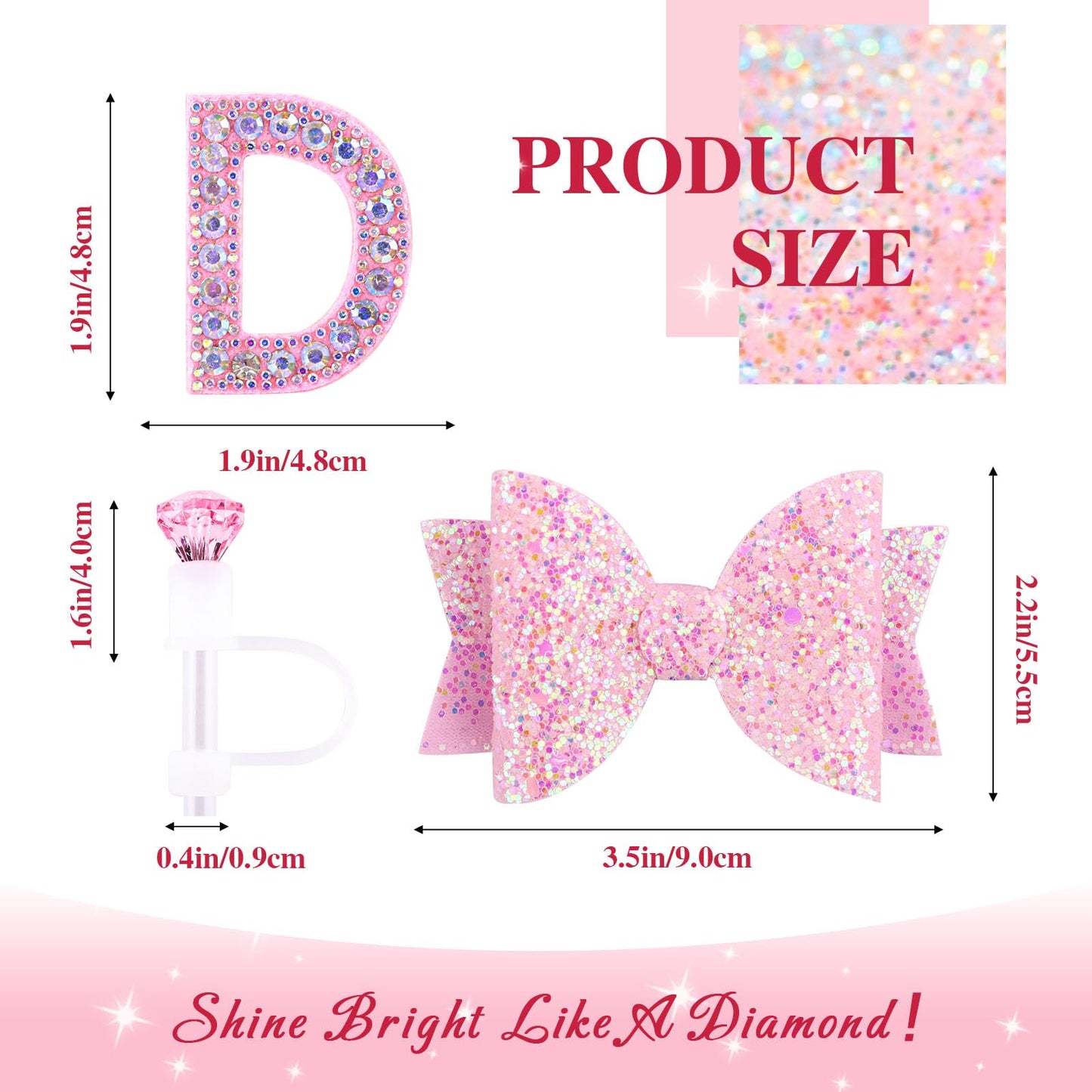 Pink Accessories Set for Stanley Cup 30Oz 40Oz, Bling Letter Charms, Diamond Straw Cover, Glitter Silicone Boot, Personalized Sticker, Bow Straw Topper for Stanley Cup Accessories