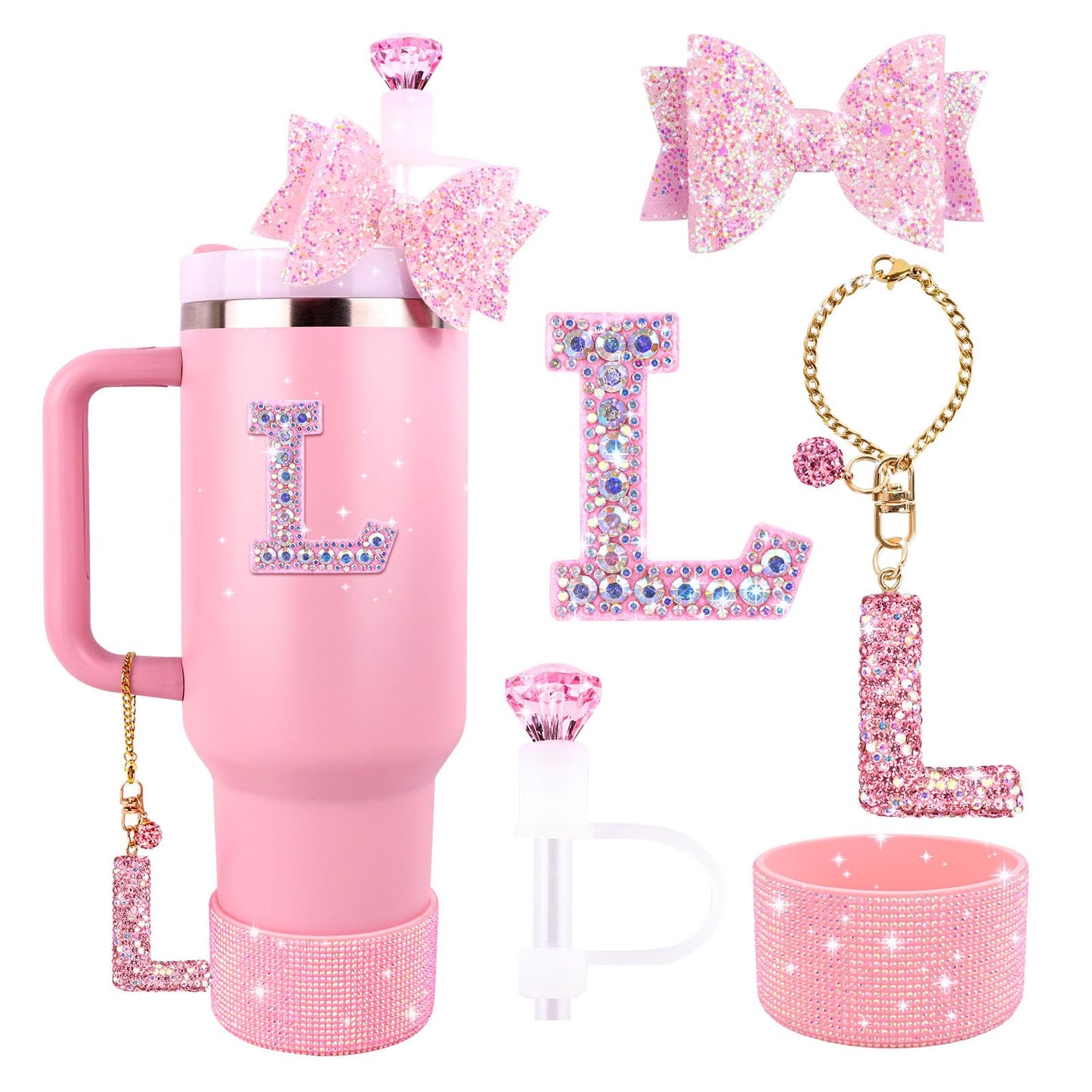 Pink Accessories Set for Stanley Cup 30Oz 40Oz, Bling Letter Charms, Diamond Straw Cover, Glitter Silicone Boot, Personalized Sticker, Bow Straw Topper for Stanley Cup Accessories