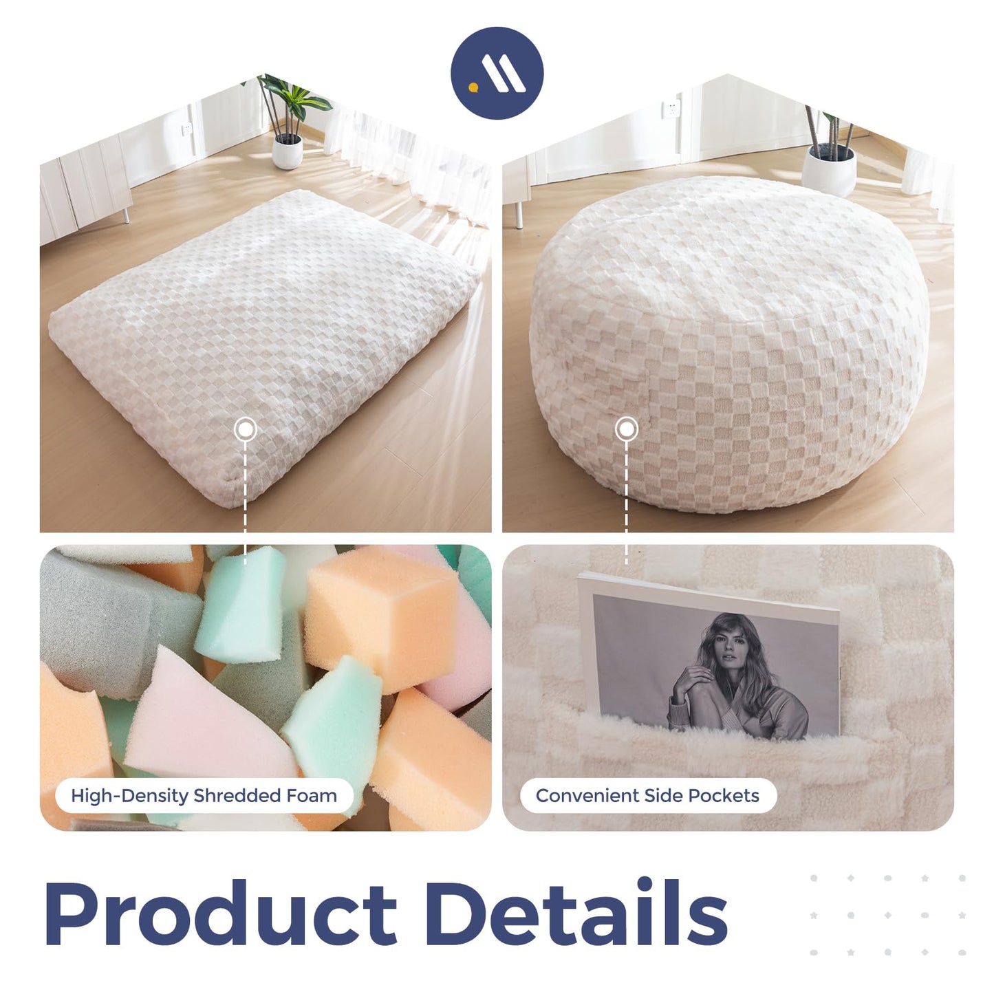 Giant Bean Bag Chair Bed for Adults, Convertible Beanbag Folds from Lazy Chair to Floor Mattress Bed, Large Floor Sofa Couch, Big Sofa Bed, High-Density Foam Filling, Machine Washable Cover