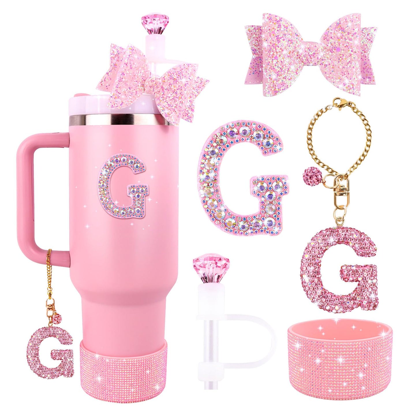 Pink Accessories Set for Stanley Cup 30Oz 40Oz, Bling Letter Charms, Diamond Straw Cover, Glitter Silicone Boot, Personalized Sticker, Bow Straw Topper for Stanley Cup Accessories