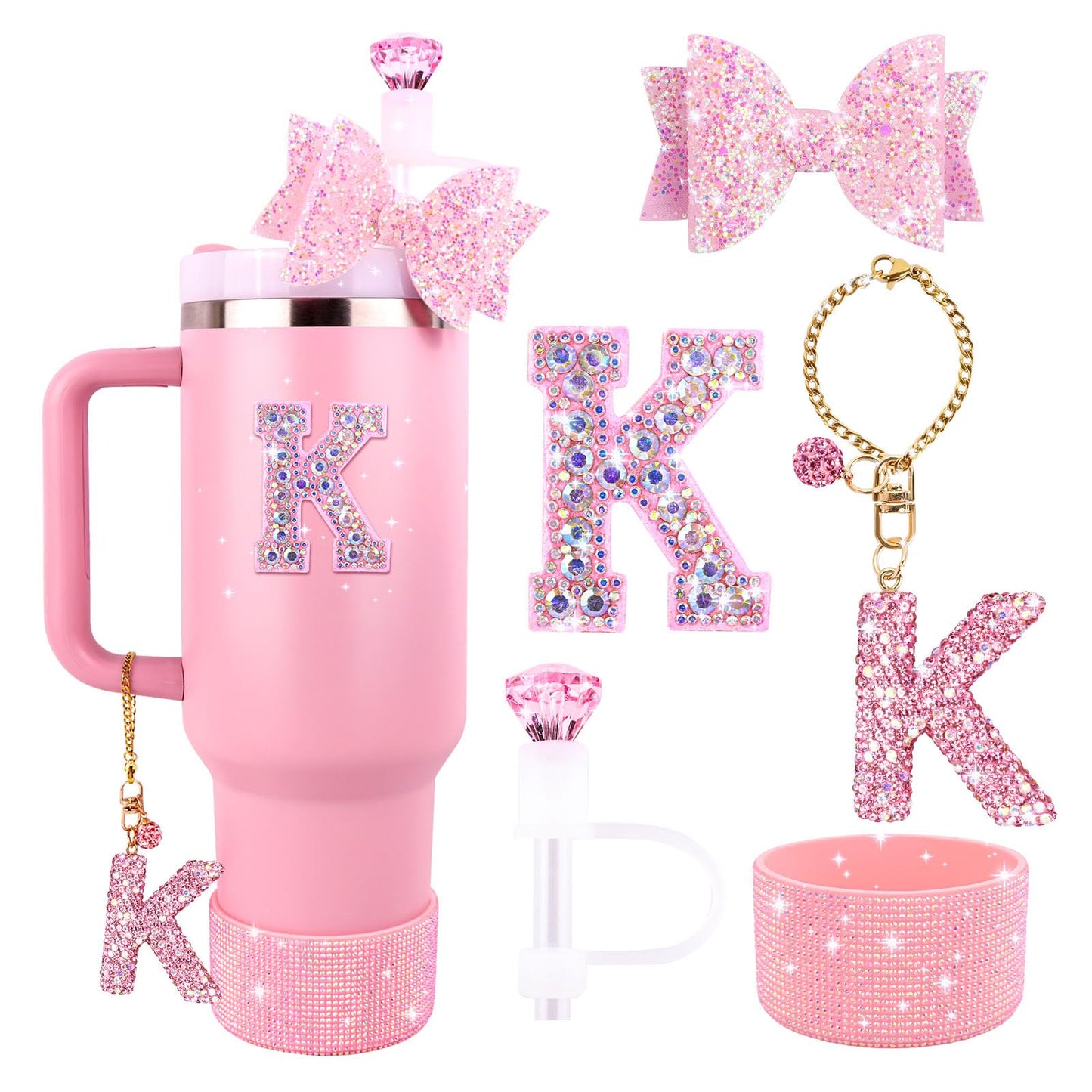 Pink Accessories Set for Stanley Cup 30Oz 40Oz, Bling Letter Charms, Diamond Straw Cover, Glitter Silicone Boot, Personalized Sticker, Bow Straw Topper for Stanley Cup Accessories