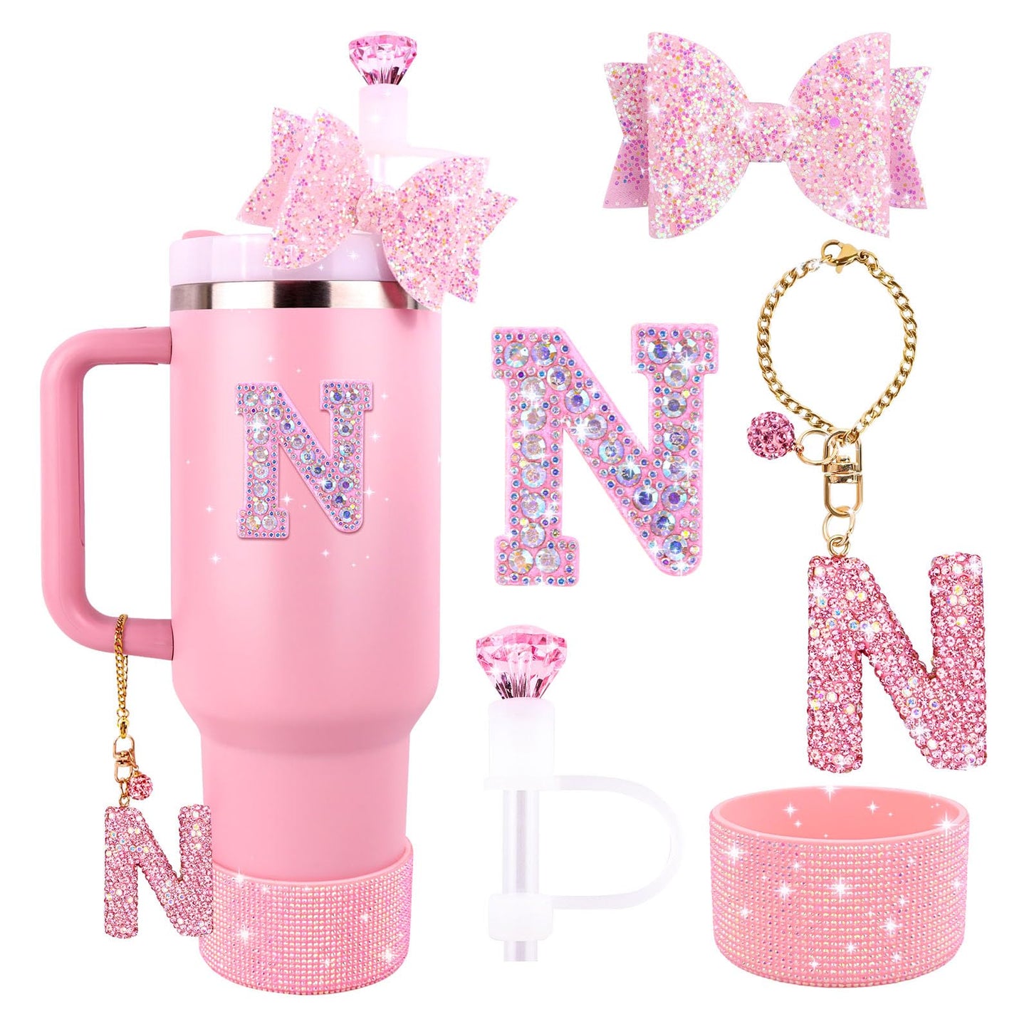 Pink Accessories Set for Stanley Cup 30Oz 40Oz, Bling Letter Charms, Diamond Straw Cover, Glitter Silicone Boot, Personalized Sticker, Bow Straw Topper for Stanley Cup Accessories
