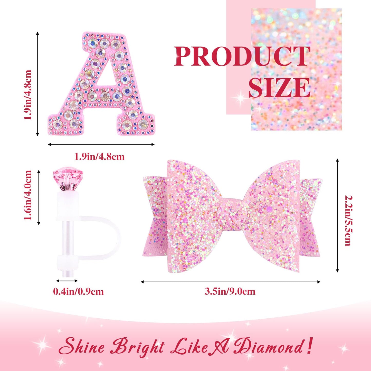 Pink Accessories Set for Stanley Cup 30Oz 40Oz, Bling Letter Charms, Diamond Straw Cover, Glitter Silicone Boot, Personalized Sticker, Bow Straw Topper for Stanley Cup Accessories