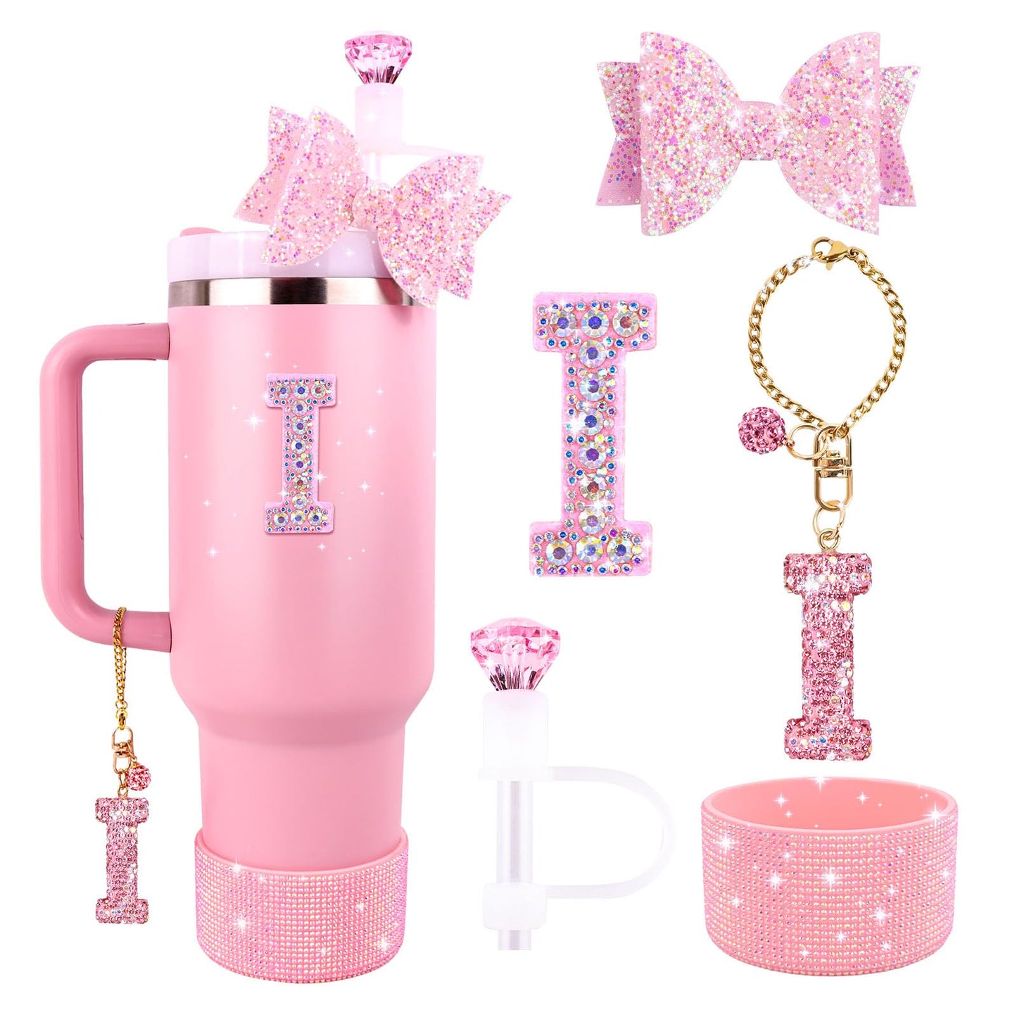 Pink Accessories Set for Stanley Cup 30Oz 40Oz, Bling Letter Charms, Diamond Straw Cover, Glitter Silicone Boot, Personalized Sticker, Bow Straw Topper for Stanley Cup Accessories