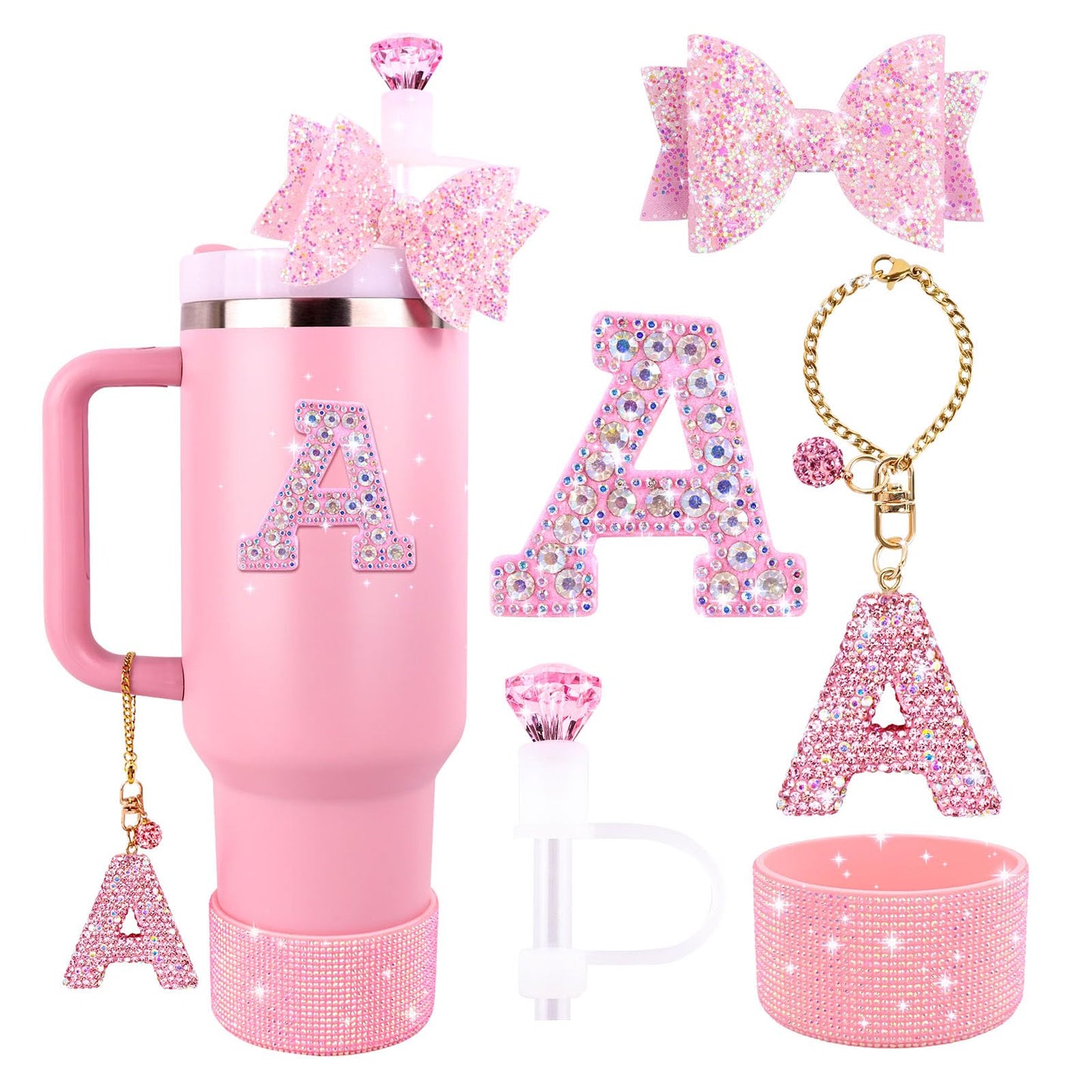 Pink Accessories Set for Stanley Cup 30Oz 40Oz, Bling Letter Charms, Diamond Straw Cover, Glitter Silicone Boot, Personalized Sticker, Bow Straw Topper for Stanley Cup Accessories