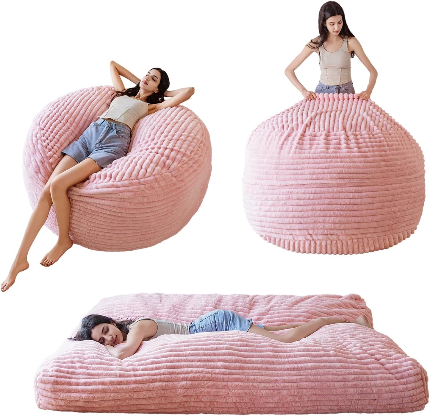 Giant Bean Bag Chair Bed for Adults, Convertible Beanbag Folds from Lazy Chair to Floor Mattress Bed, Large Floor Sofa Couch, Big Sofa Bed, High-Density Foam Filling, Machine Washable Cover