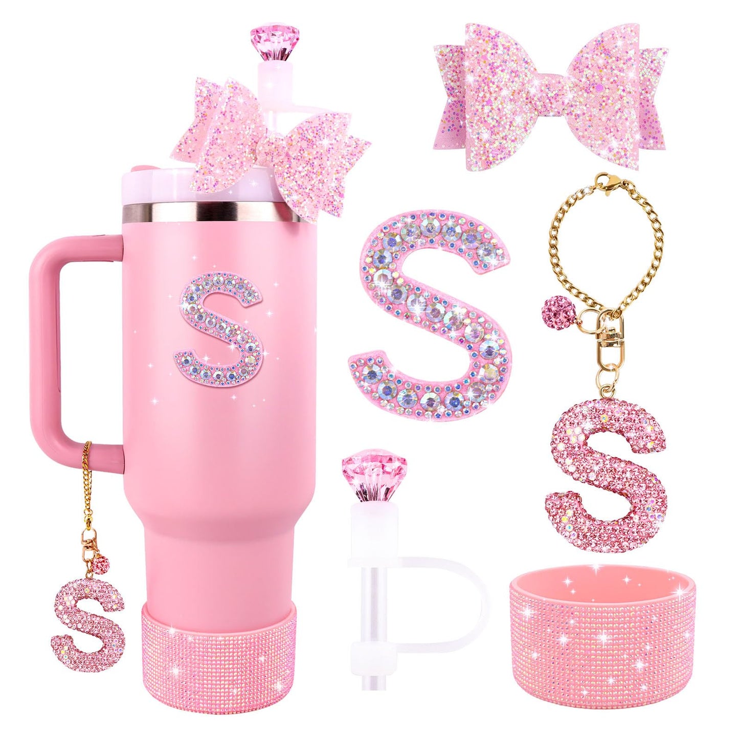 Pink Accessories Set for Stanley Cup 30Oz 40Oz, Bling Letter Charms, Diamond Straw Cover, Glitter Silicone Boot, Personalized Sticker, Bow Straw Topper for Stanley Cup Accessories
