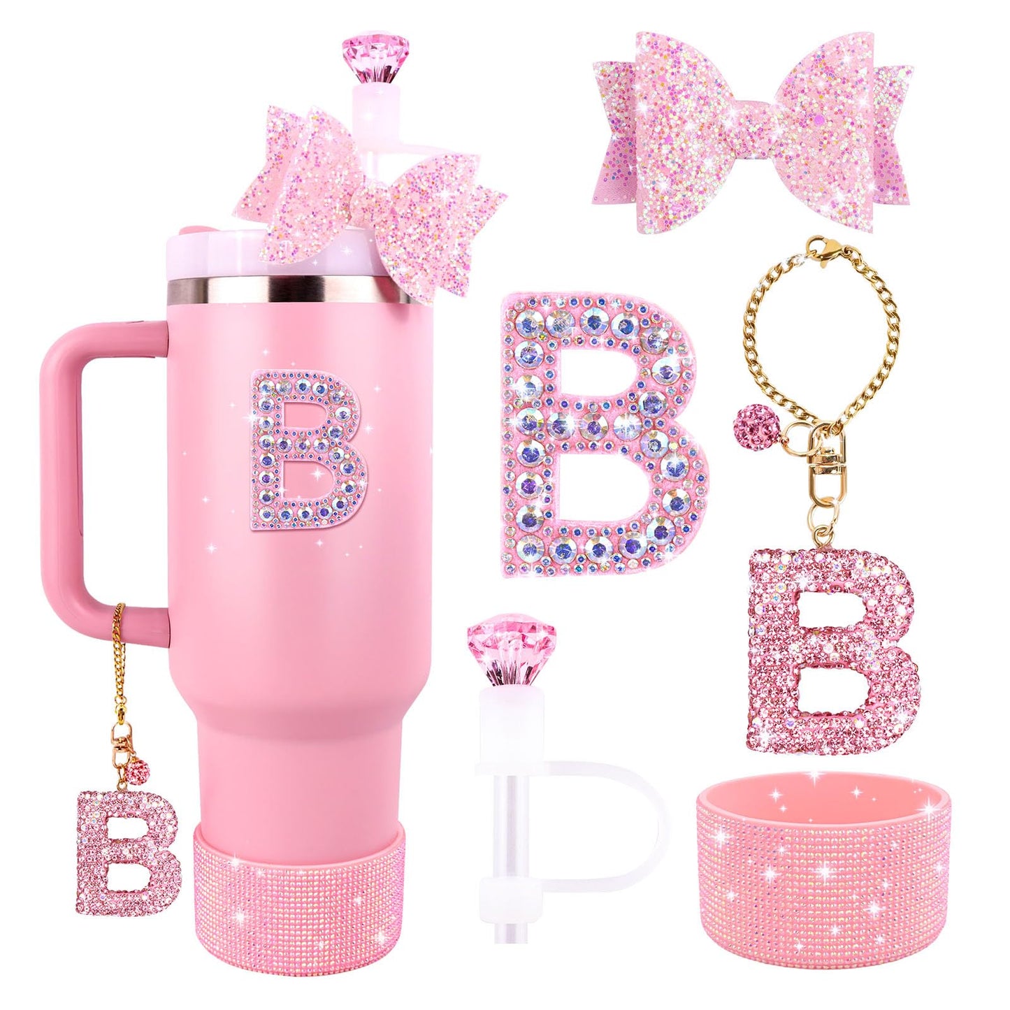 Pink Accessories Set for Stanley Cup 30Oz 40Oz, Bling Letter Charms, Diamond Straw Cover, Glitter Silicone Boot, Personalized Sticker, Bow Straw Topper for Stanley Cup Accessories