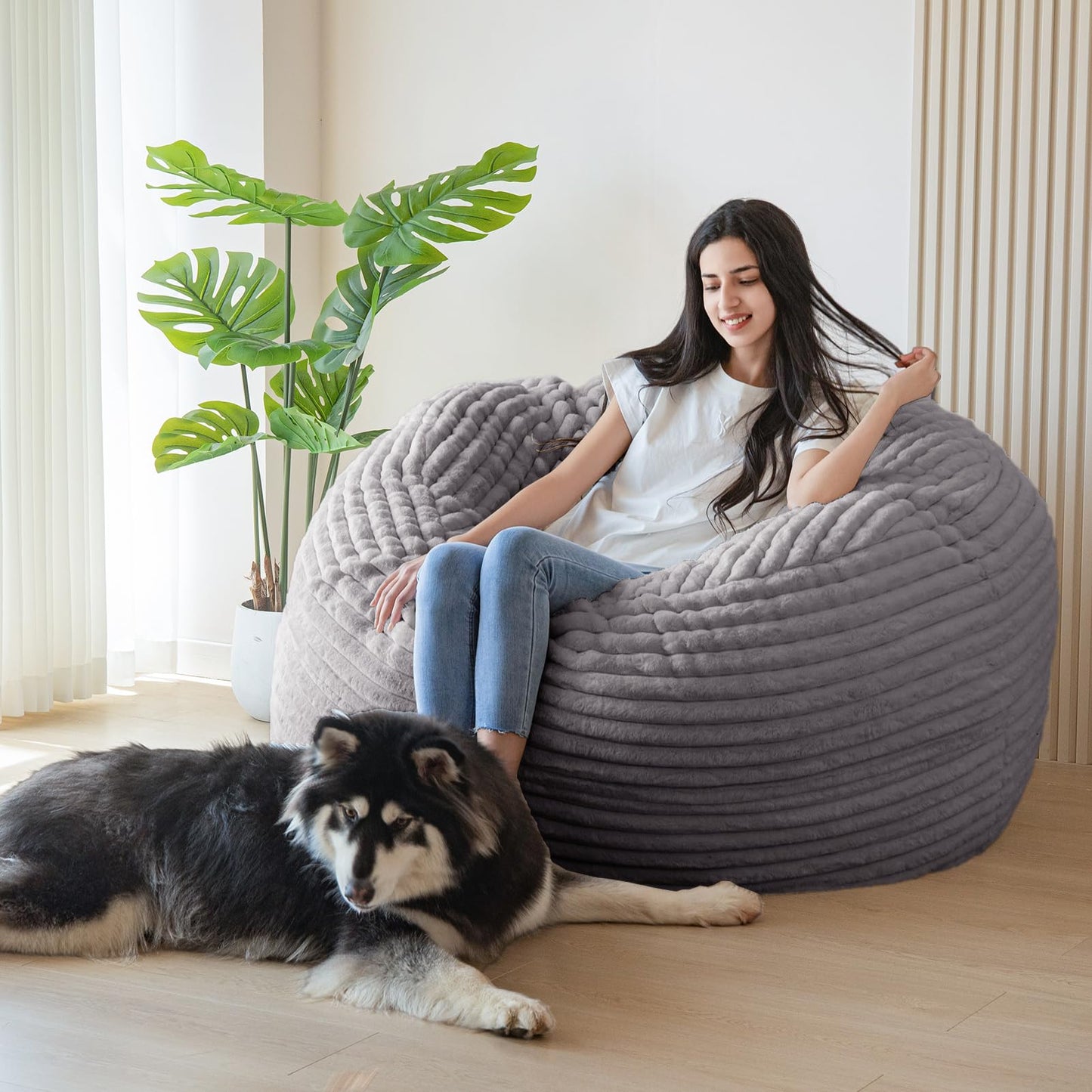 Giant Bean Bag Chair Bed for Adults, Convertible Beanbag Folds from Lazy Chair to Floor Mattress Bed, Large Floor Sofa Couch, Big Sofa Bed, High-Density Foam Filling, Machine Washable Cover