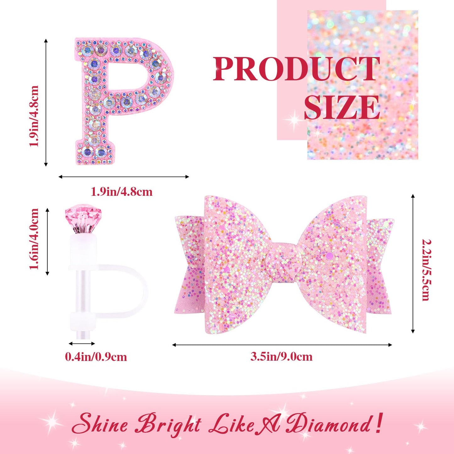 Pink Accessories Set for Stanley Cup 30Oz 40Oz, Bling Letter Charms, Diamond Straw Cover, Glitter Silicone Boot, Personalized Sticker, Bow Straw Topper for Stanley Cup Accessories