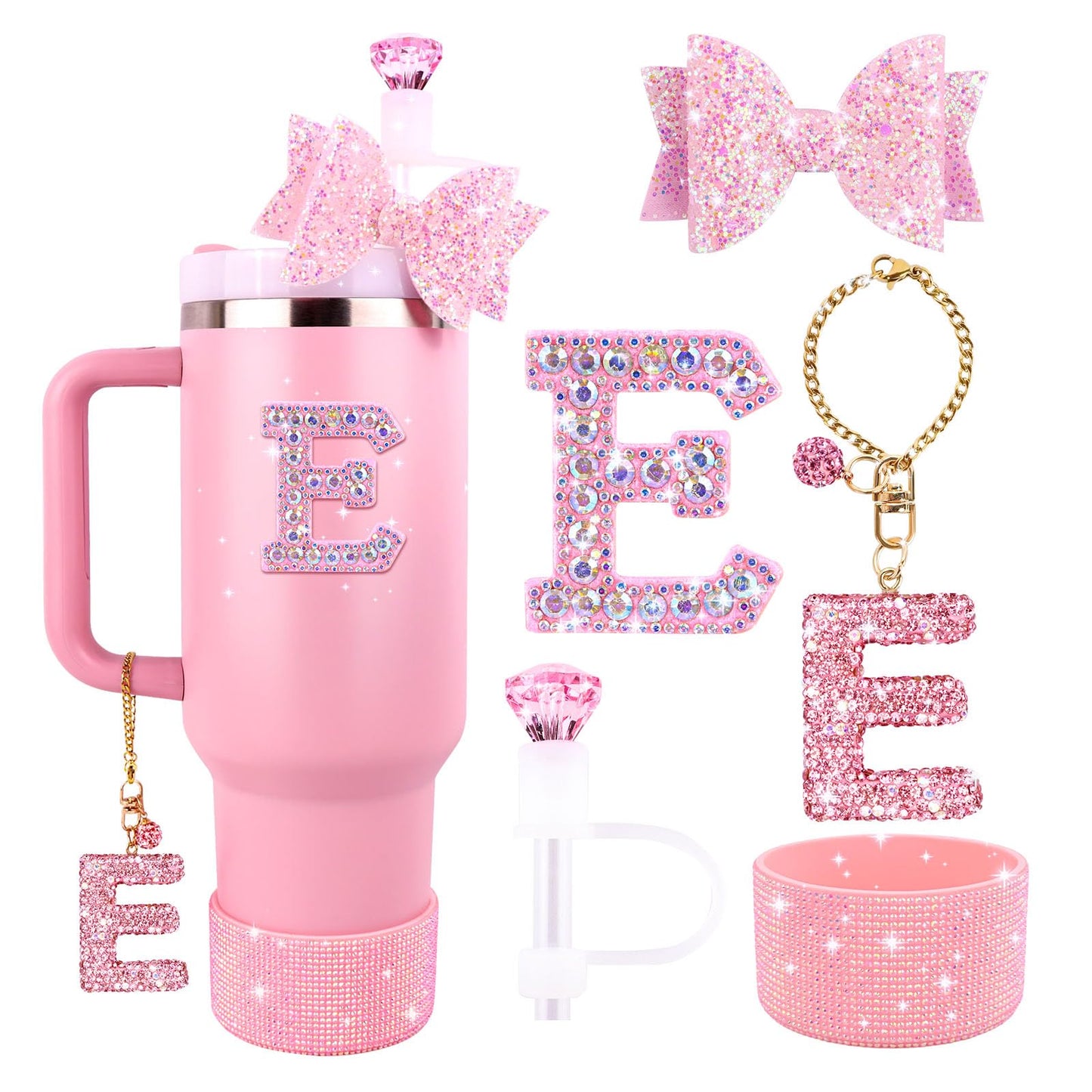 Pink Accessories Set for Stanley Cup 30Oz 40Oz, Bling Letter Charms, Diamond Straw Cover, Glitter Silicone Boot, Personalized Sticker, Bow Straw Topper for Stanley Cup Accessories