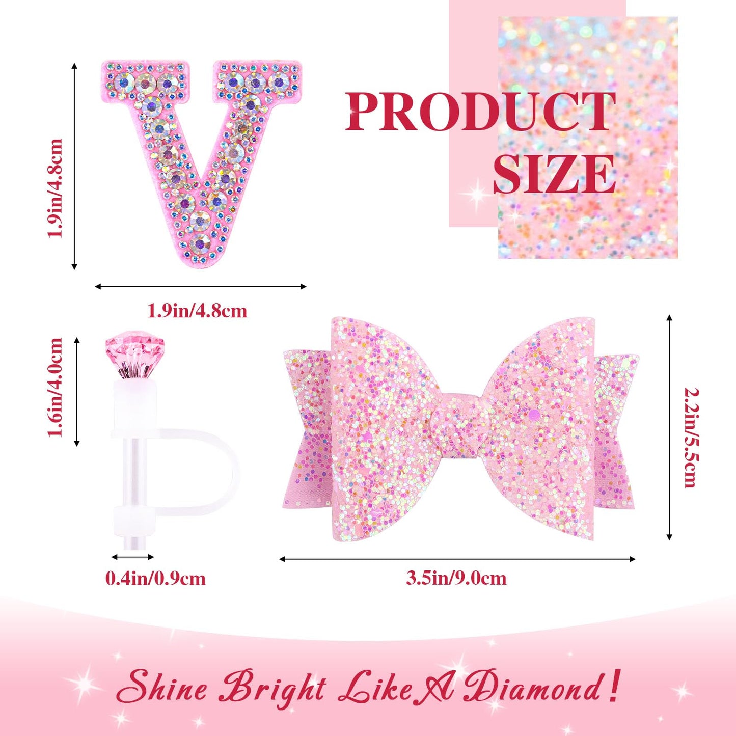 Pink Accessories Set for Stanley Cup 30Oz 40Oz, Bling Letter Charms, Diamond Straw Cover, Glitter Silicone Boot, Personalized Sticker, Bow Straw Topper for Stanley Cup Accessories