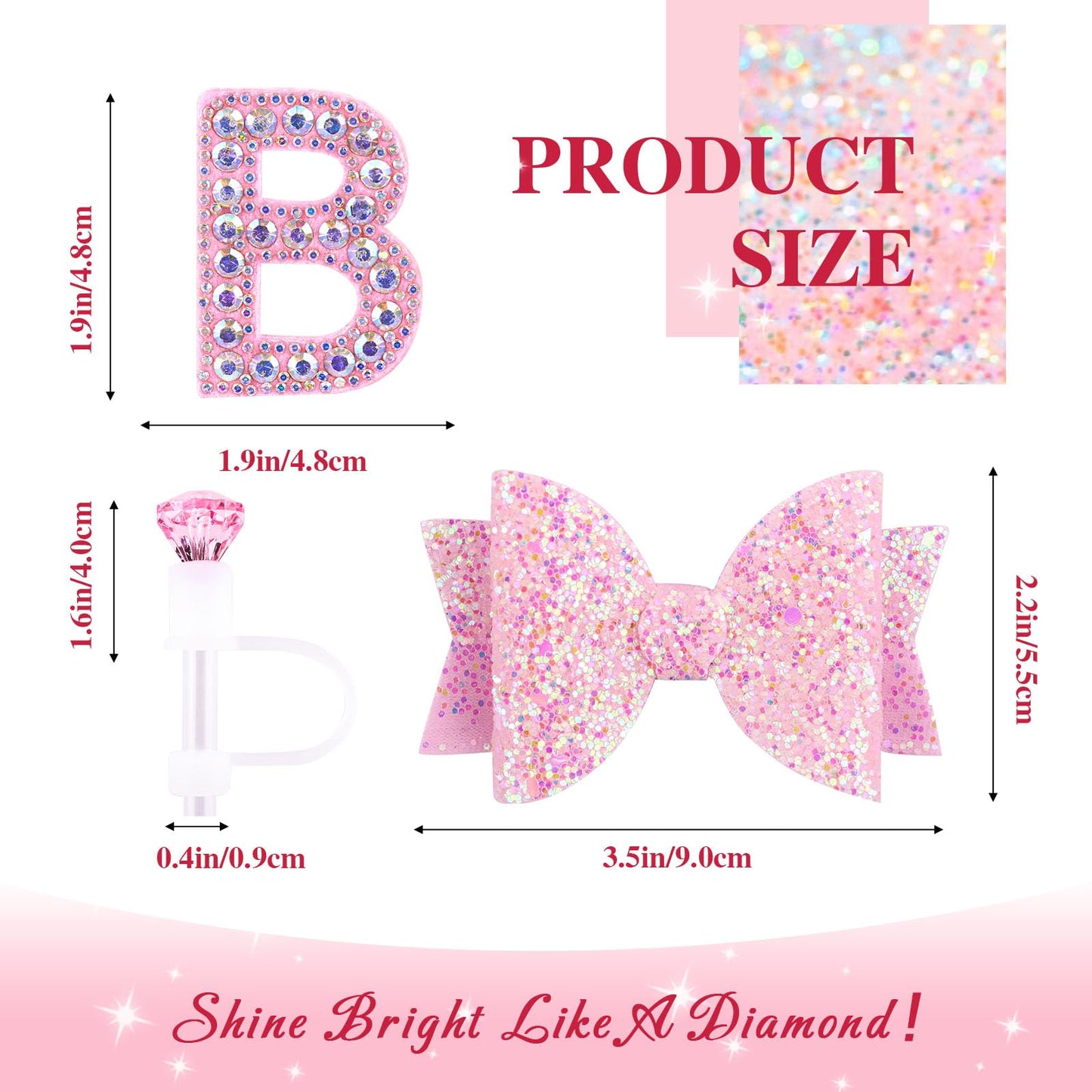 Pink Accessories Set for Stanley Cup 30Oz 40Oz, Bling Letter Charms, Diamond Straw Cover, Glitter Silicone Boot, Personalized Sticker, Bow Straw Topper for Stanley Cup Accessories