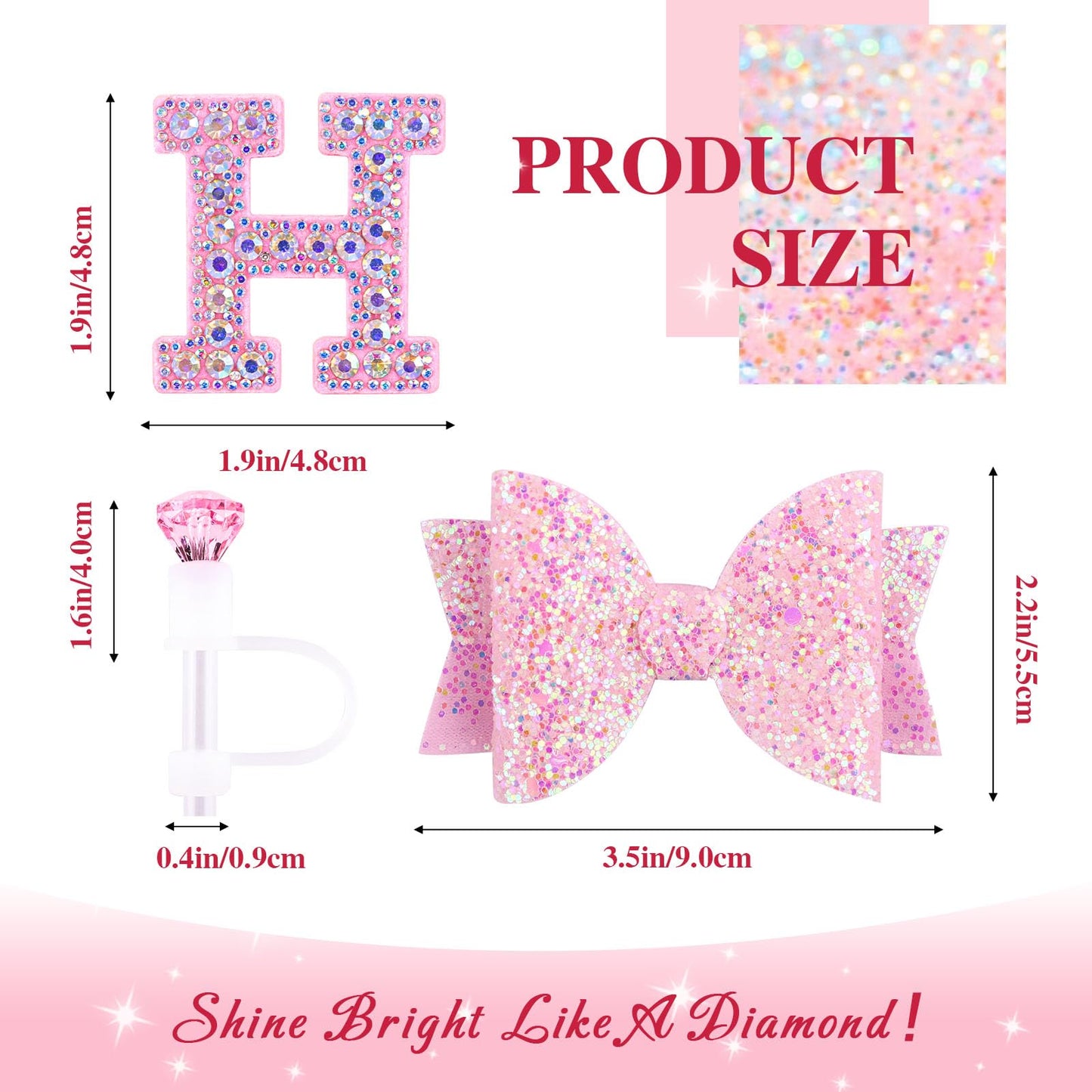 Pink Accessories Set for Stanley Cup 30Oz 40Oz, Bling Letter Charms, Diamond Straw Cover, Glitter Silicone Boot, Personalized Sticker, Bow Straw Topper for Stanley Cup Accessories