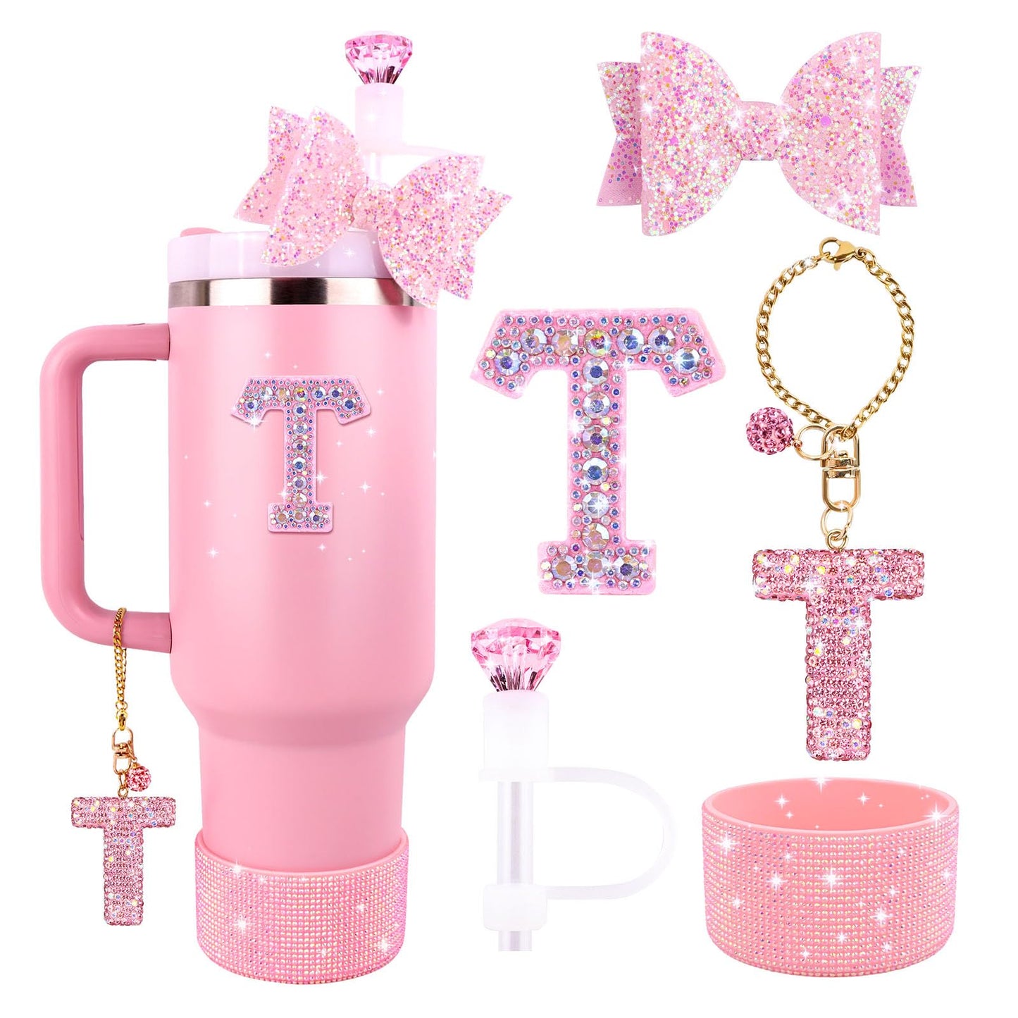 Pink Accessories Set for Stanley Cup 30Oz 40Oz, Bling Letter Charms, Diamond Straw Cover, Glitter Silicone Boot, Personalized Sticker, Bow Straw Topper for Stanley Cup Accessories