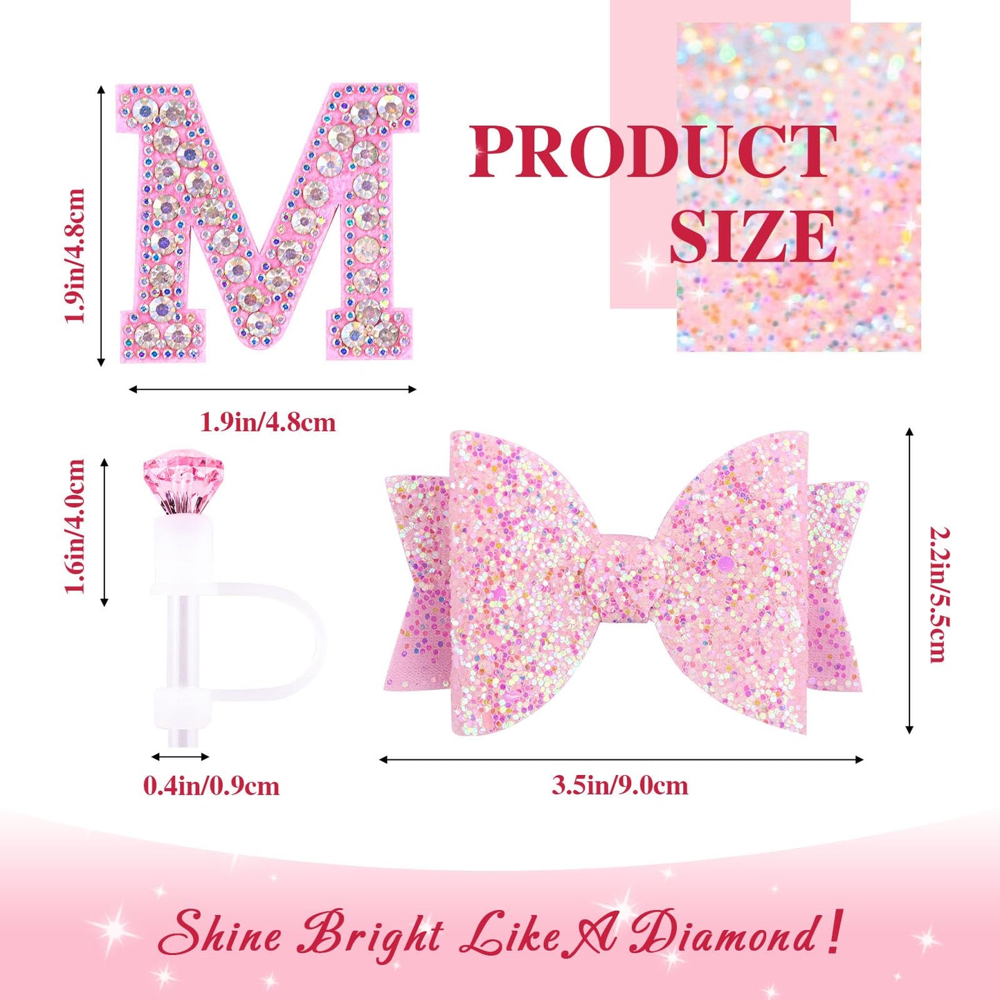 Pink Accessories Set for Stanley Cup 30Oz 40Oz, Bling Letter Charms, Diamond Straw Cover, Glitter Silicone Boot, Personalized Sticker, Bow Straw Topper for Stanley Cup Accessories