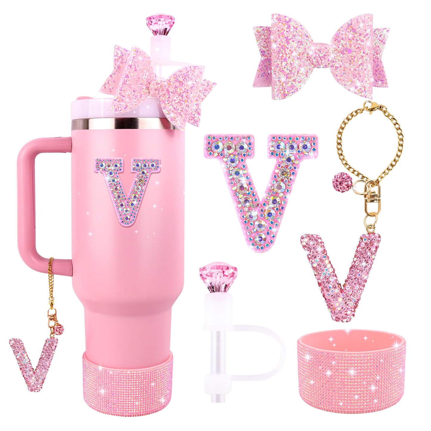 Pink Accessories Set for Stanley Cup 30Oz 40Oz, Bling Letter Charms, Diamond Straw Cover, Glitter Silicone Boot, Personalized Sticker, Bow Straw Topper for Stanley Cup Accessories