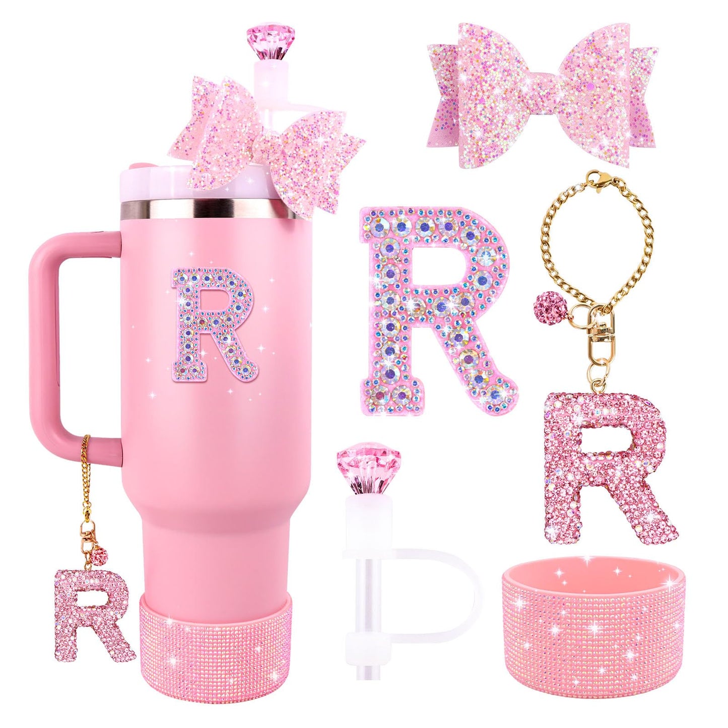 Pink Accessories Set for Stanley Cup 30Oz 40Oz, Bling Letter Charms, Diamond Straw Cover, Glitter Silicone Boot, Personalized Sticker, Bow Straw Topper for Stanley Cup Accessories