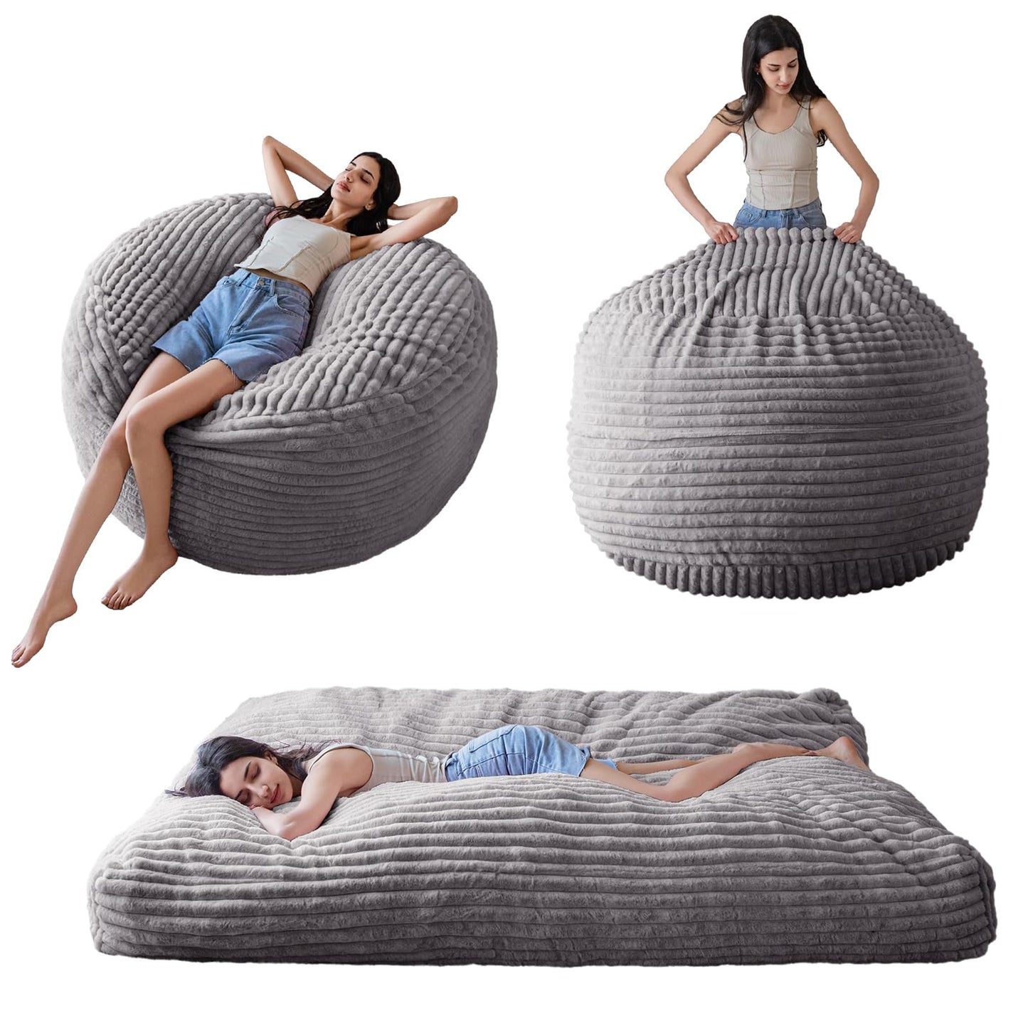 Giant Bean Bag Chair Bed for Adults, Convertible Beanbag Folds from Lazy Chair to Floor Mattress Bed, Large Floor Sofa Couch, Big Sofa Bed, High-Density Foam Filling, Machine Washable Cover