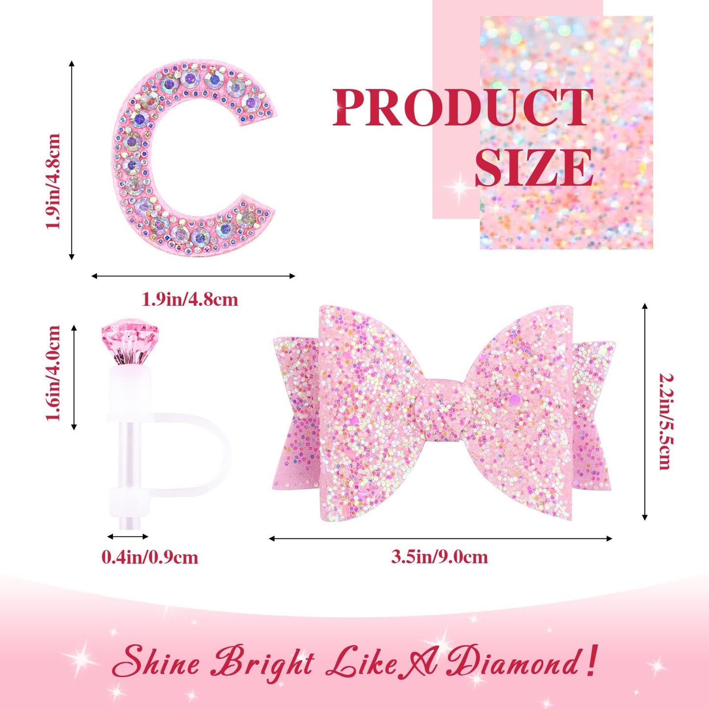 Pink Accessories Set for Stanley Cup 30Oz 40Oz, Bling Letter Charms, Diamond Straw Cover, Glitter Silicone Boot, Personalized Sticker, Bow Straw Topper for Stanley Cup Accessories