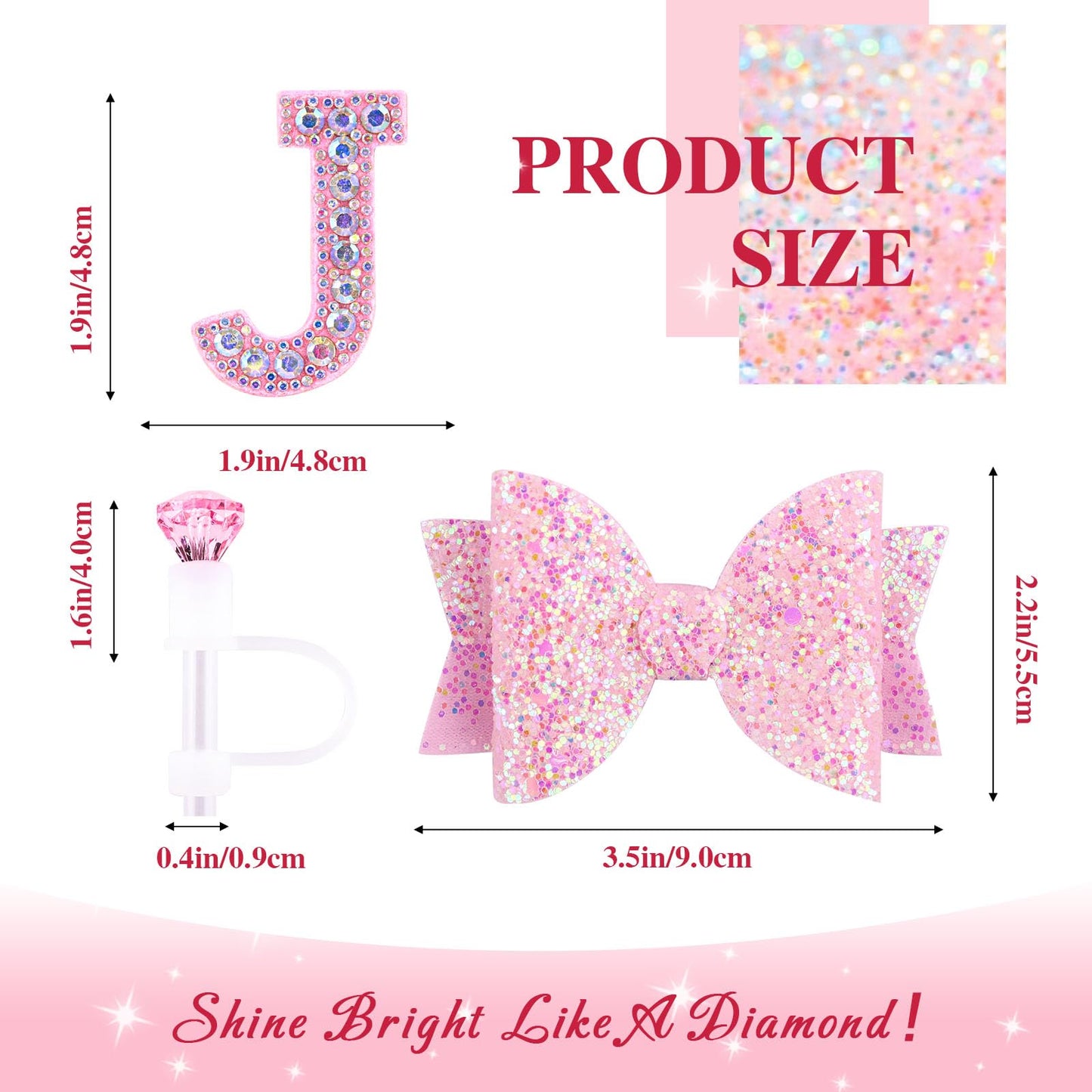Pink Accessories Set for Stanley Cup 30Oz 40Oz, Bling Letter Charms, Diamond Straw Cover, Glitter Silicone Boot, Personalized Sticker, Bow Straw Topper for Stanley Cup Accessories