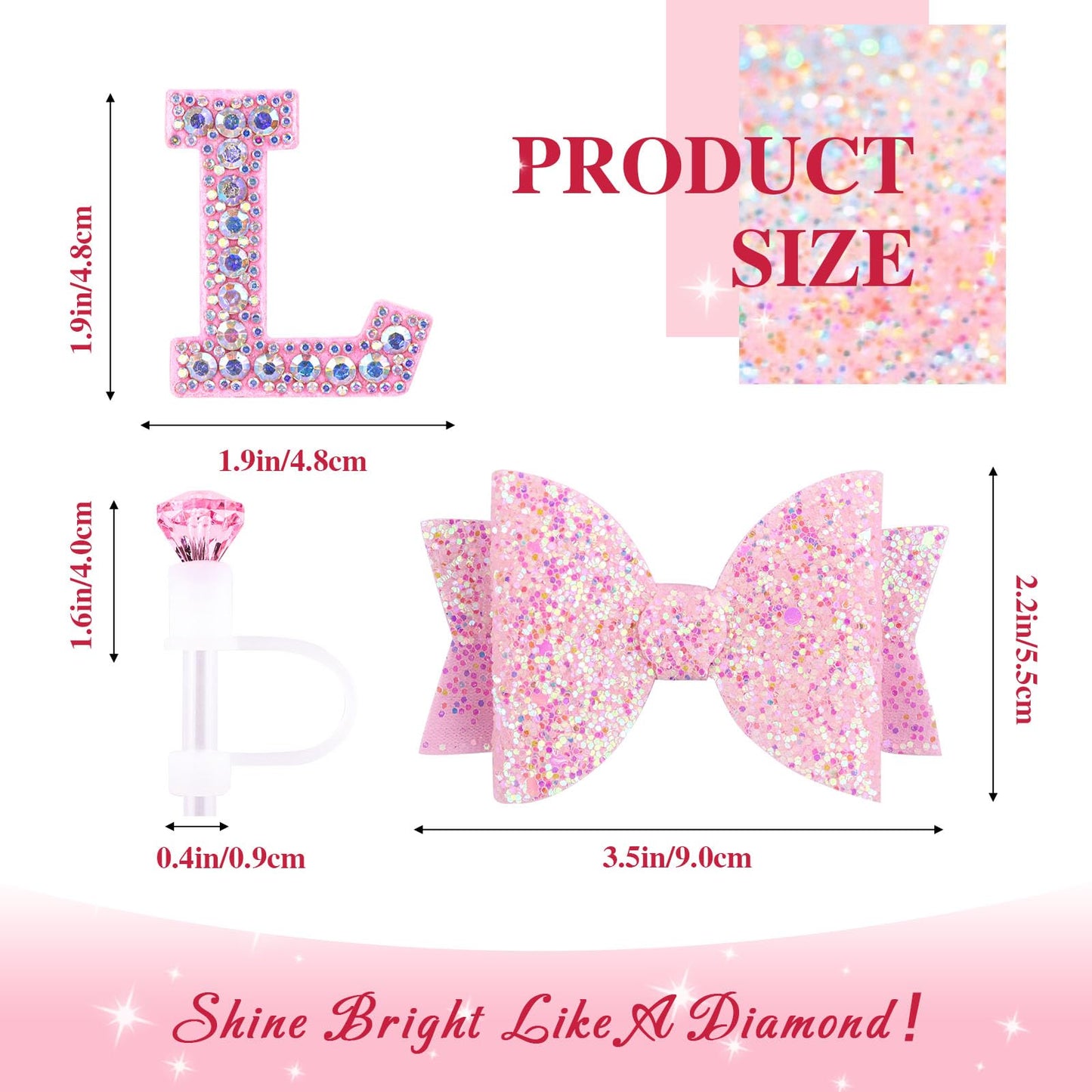 Pink Accessories Set for Stanley Cup 30Oz 40Oz, Bling Letter Charms, Diamond Straw Cover, Glitter Silicone Boot, Personalized Sticker, Bow Straw Topper for Stanley Cup Accessories