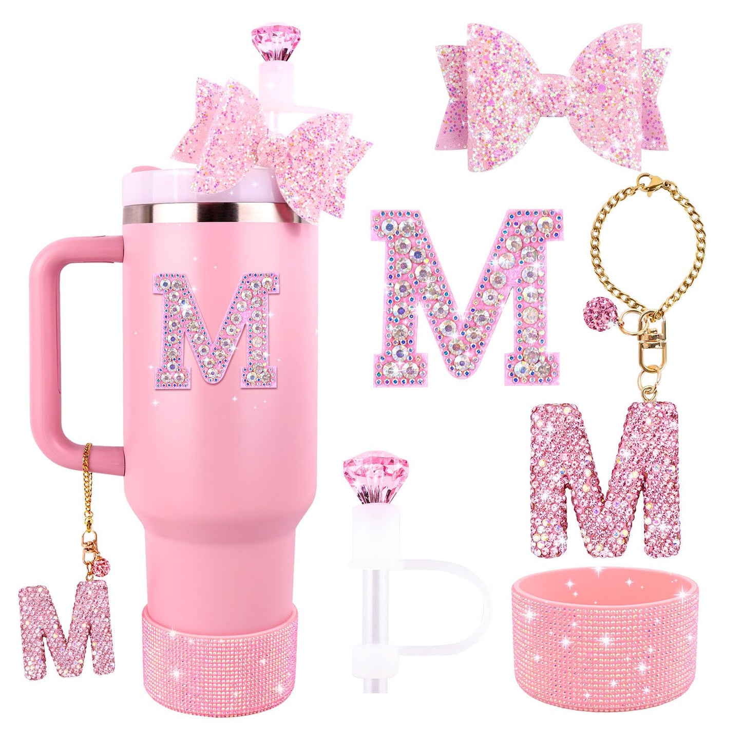 Pink Accessories Set for Stanley Cup 30Oz 40Oz, Bling Letter Charms, Diamond Straw Cover, Glitter Silicone Boot, Personalized Sticker, Bow Straw Topper for Stanley Cup Accessories