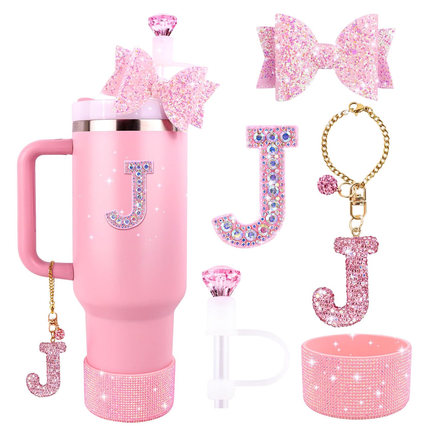 Pink Accessories Set for Stanley Cup 30Oz 40Oz, Bling Letter Charms, Diamond Straw Cover, Glitter Silicone Boot, Personalized Sticker, Bow Straw Topper for Stanley Cup Accessories