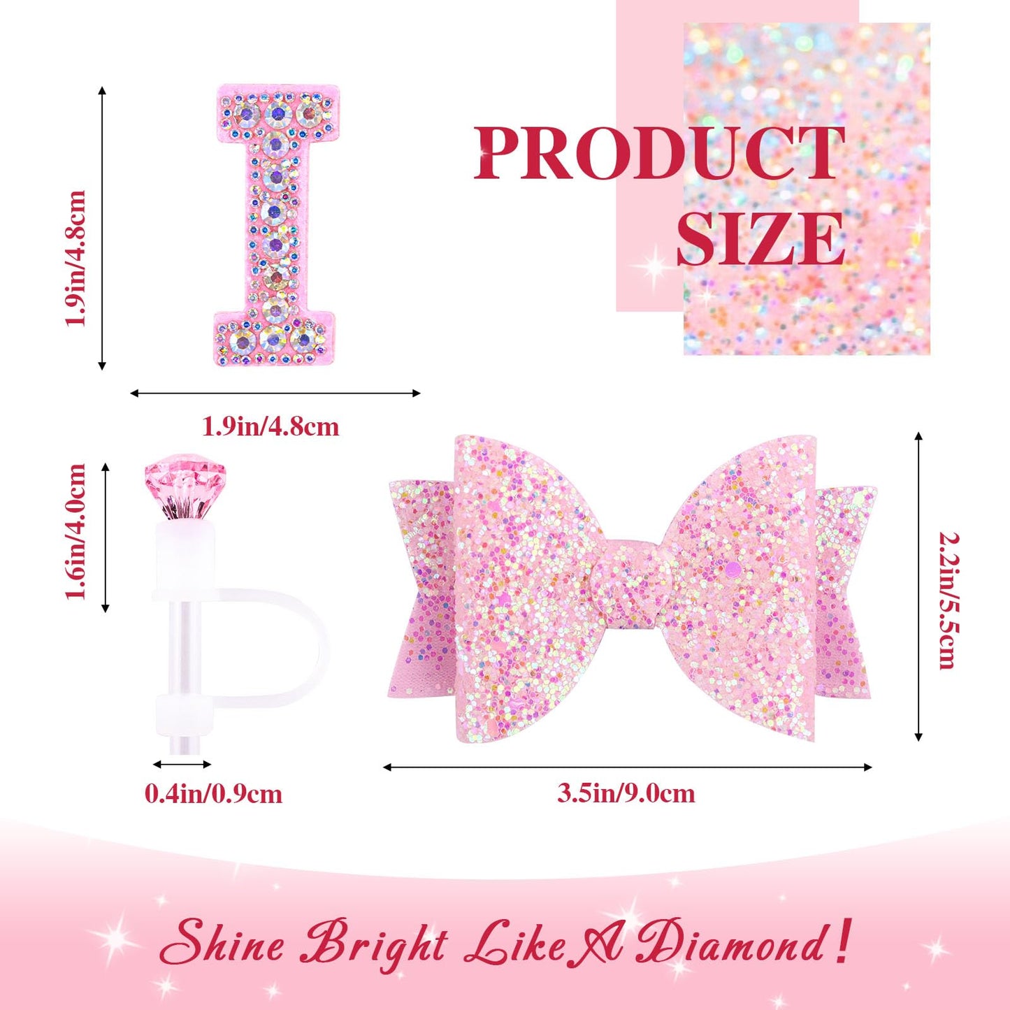 Pink Accessories Set for Stanley Cup 30Oz 40Oz, Bling Letter Charms, Diamond Straw Cover, Glitter Silicone Boot, Personalized Sticker, Bow Straw Topper for Stanley Cup Accessories