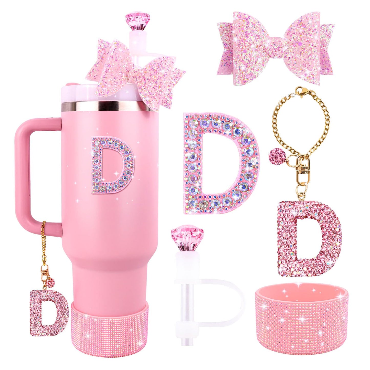 Pink Accessories Set for Stanley Cup 30Oz 40Oz, Bling Letter Charms, Diamond Straw Cover, Glitter Silicone Boot, Personalized Sticker, Bow Straw Topper for Stanley Cup Accessories
