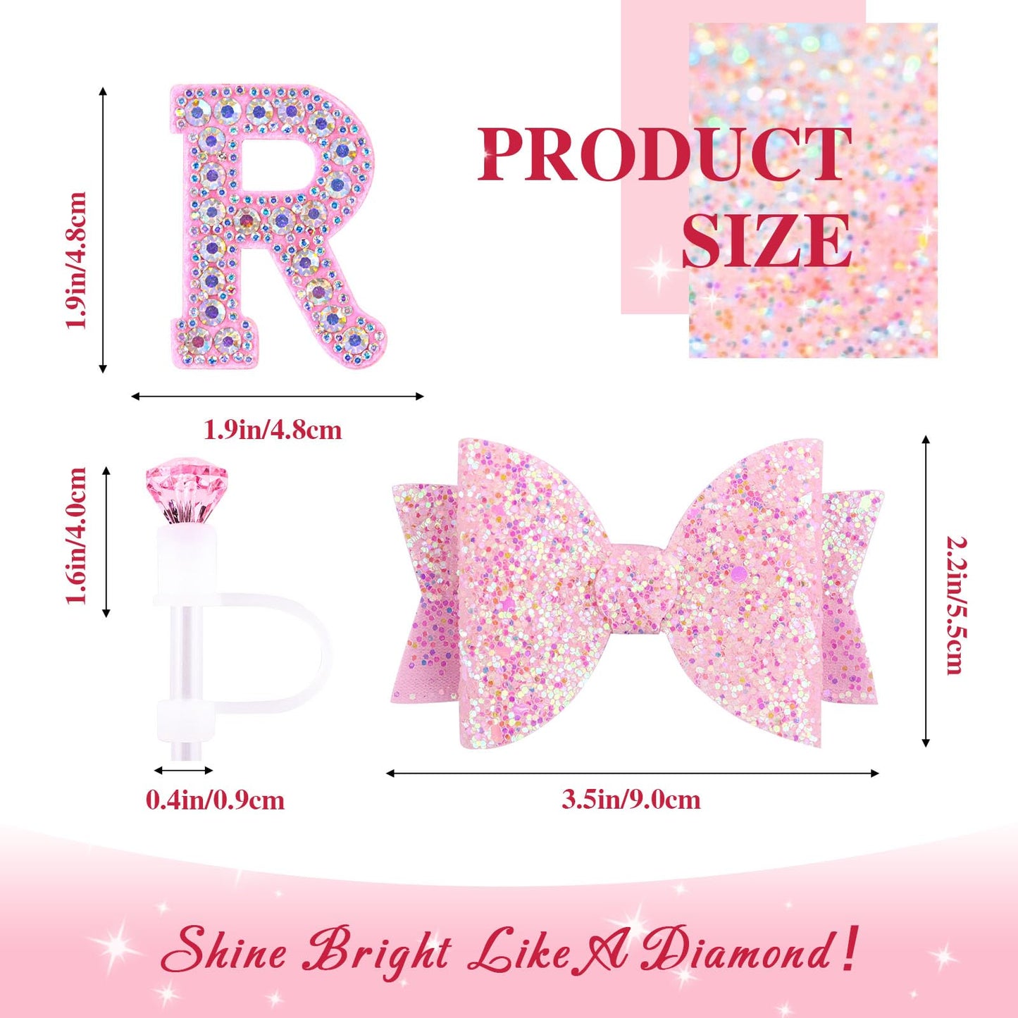 Pink Accessories Set for Stanley Cup 30Oz 40Oz, Bling Letter Charms, Diamond Straw Cover, Glitter Silicone Boot, Personalized Sticker, Bow Straw Topper for Stanley Cup Accessories
