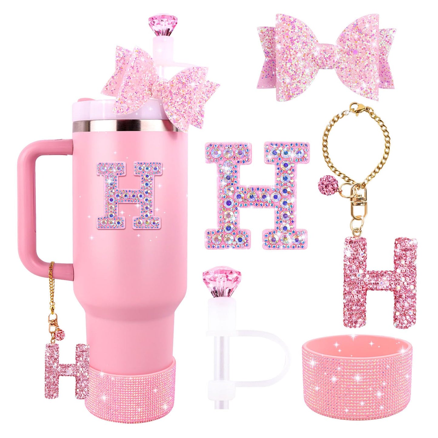 Pink Accessories Set for Stanley Cup 30Oz 40Oz, Bling Letter Charms, Diamond Straw Cover, Glitter Silicone Boot, Personalized Sticker, Bow Straw Topper for Stanley Cup Accessories