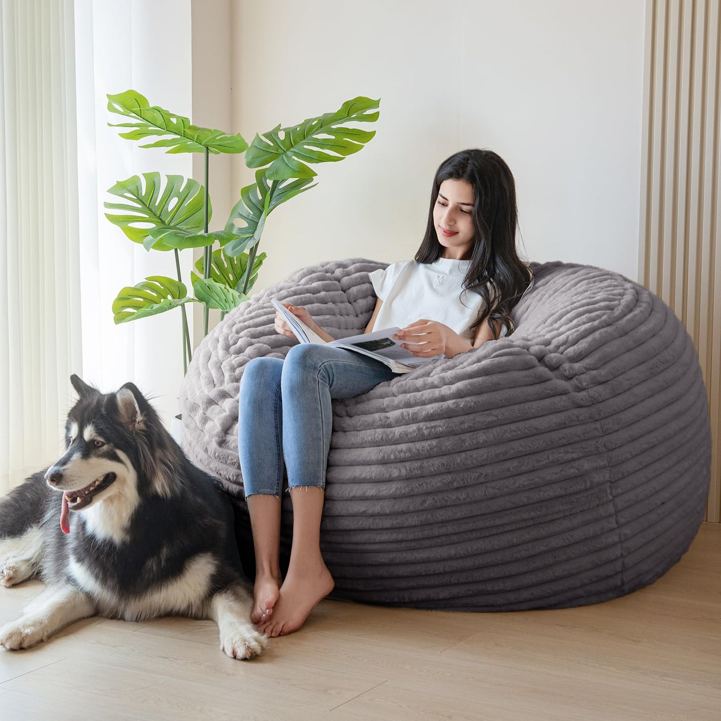 Giant Bean Bag Chair Bed for Adults, Convertible Beanbag Folds from Lazy Chair to Floor Mattress Bed, Large Floor Sofa Couch, Big Sofa Bed, High-Density Foam Filling, Machine Washable Cover