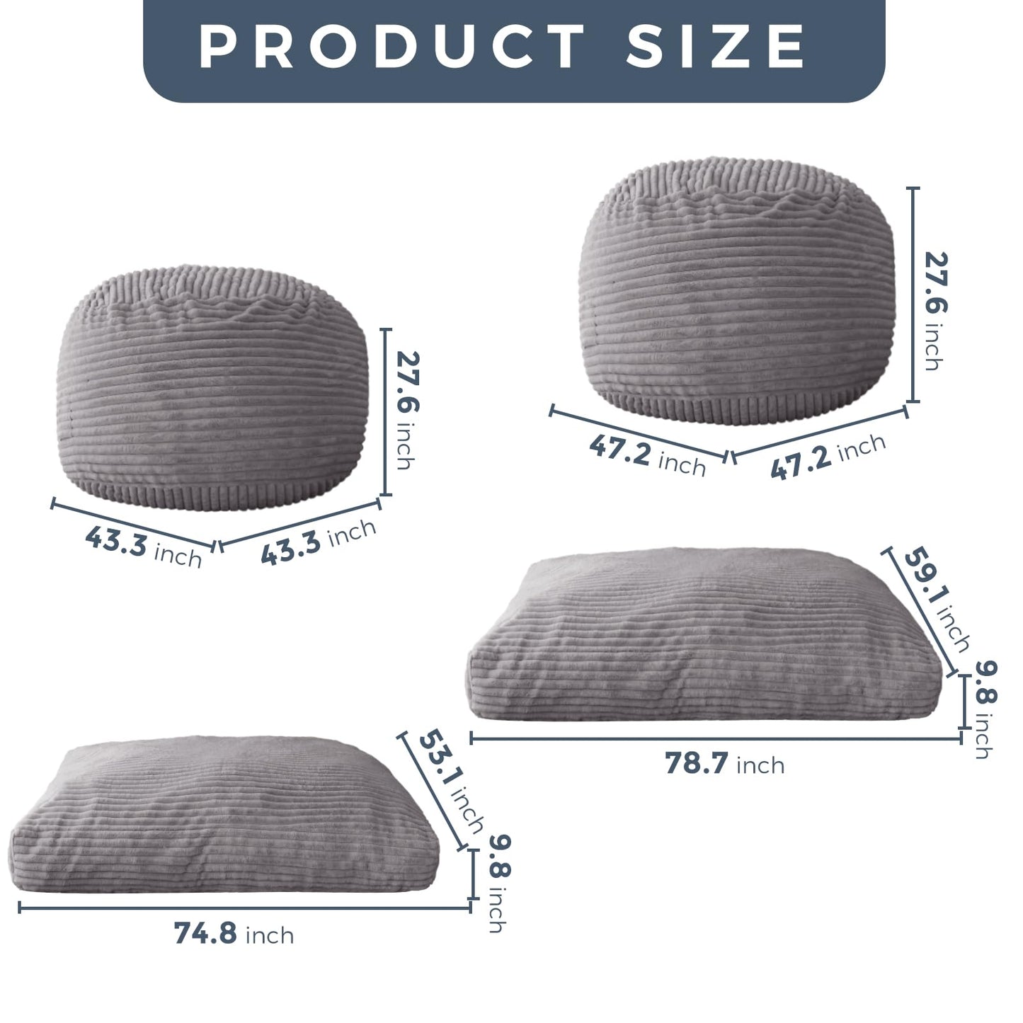 Giant Bean Bag Chair Bed for Adults, Convertible Beanbag Folds from Lazy Chair to Floor Mattress Bed, Large Floor Sofa Couch, Big Sofa Bed, High-Density Foam Filling, Machine Washable Cover