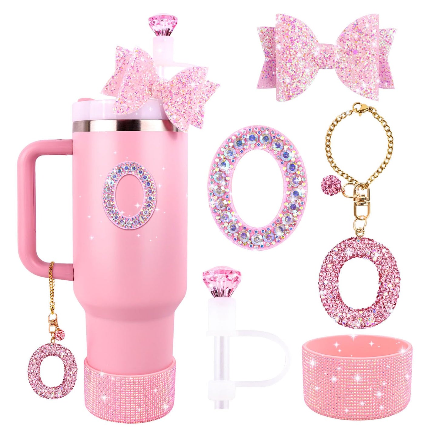 Pink Accessories Set for Stanley Cup 30Oz 40Oz, Bling Letter Charms, Diamond Straw Cover, Glitter Silicone Boot, Personalized Sticker, Bow Straw Topper for Stanley Cup Accessories