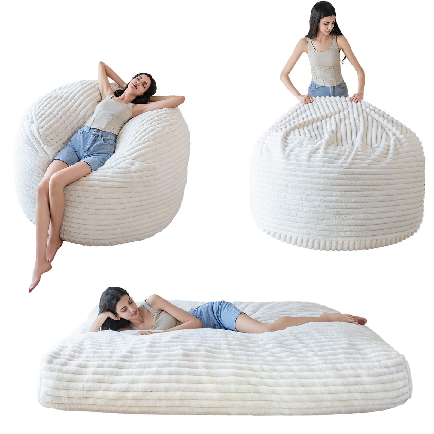Giant Bean Bag Chair Bed for Adults, Convertible Beanbag Folds from Lazy Chair to Floor Mattress Bed, Large Floor Sofa Couch, Big Sofa Bed, High-Density Foam Filling, Machine Washable Cover