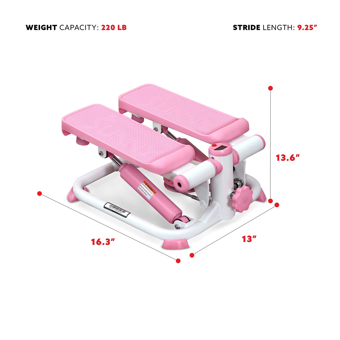 Exercise Low-Impact Stair Step Cardio Equipment with Resistance Bands, Digital Monitor, Up Down Pink - P2000
