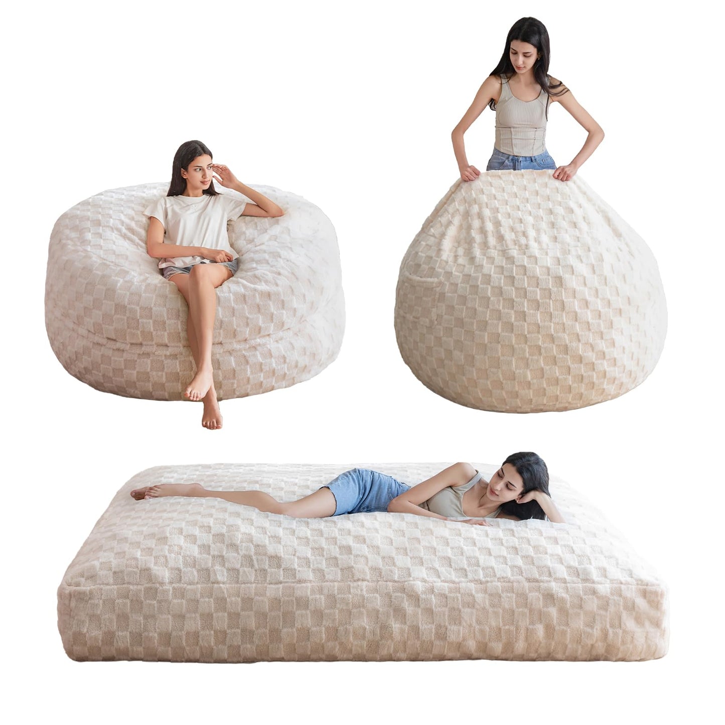 Giant Bean Bag Chair Bed for Adults, Convertible Beanbag Folds from Lazy Chair to Floor Mattress Bed, Large Floor Sofa Couch, Big Sofa Bed, High-Density Foam Filling, Machine Washable Cover