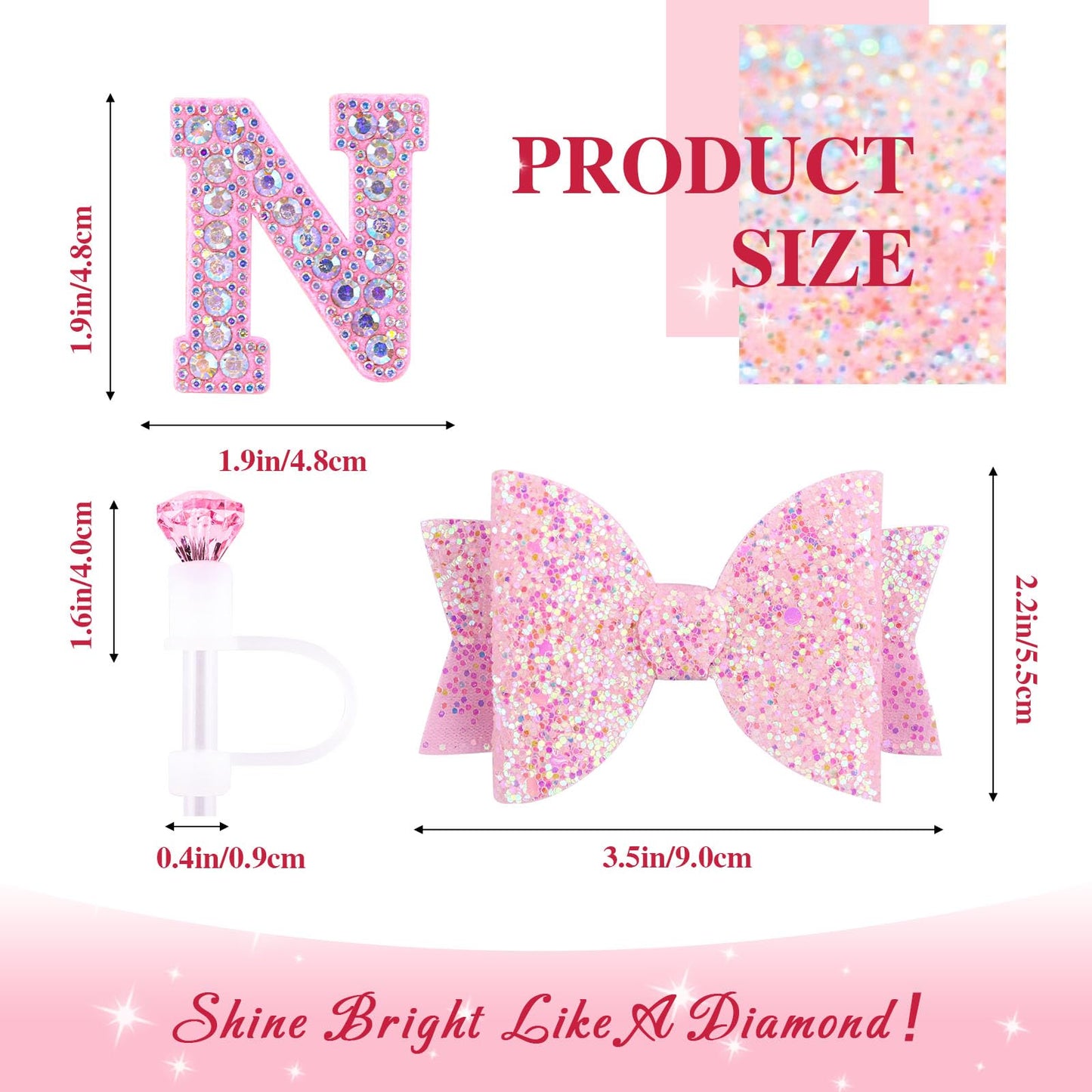 Pink Accessories Set for Stanley Cup 30Oz 40Oz, Bling Letter Charms, Diamond Straw Cover, Glitter Silicone Boot, Personalized Sticker, Bow Straw Topper for Stanley Cup Accessories