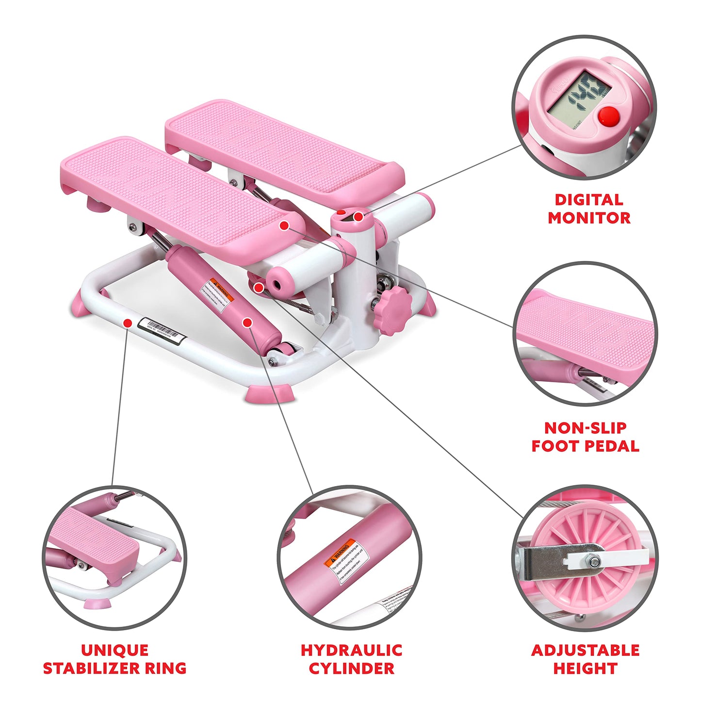 Exercise Low-Impact Stair Step Cardio Equipment with Resistance Bands, Digital Monitor, Up Down Pink - P2000
