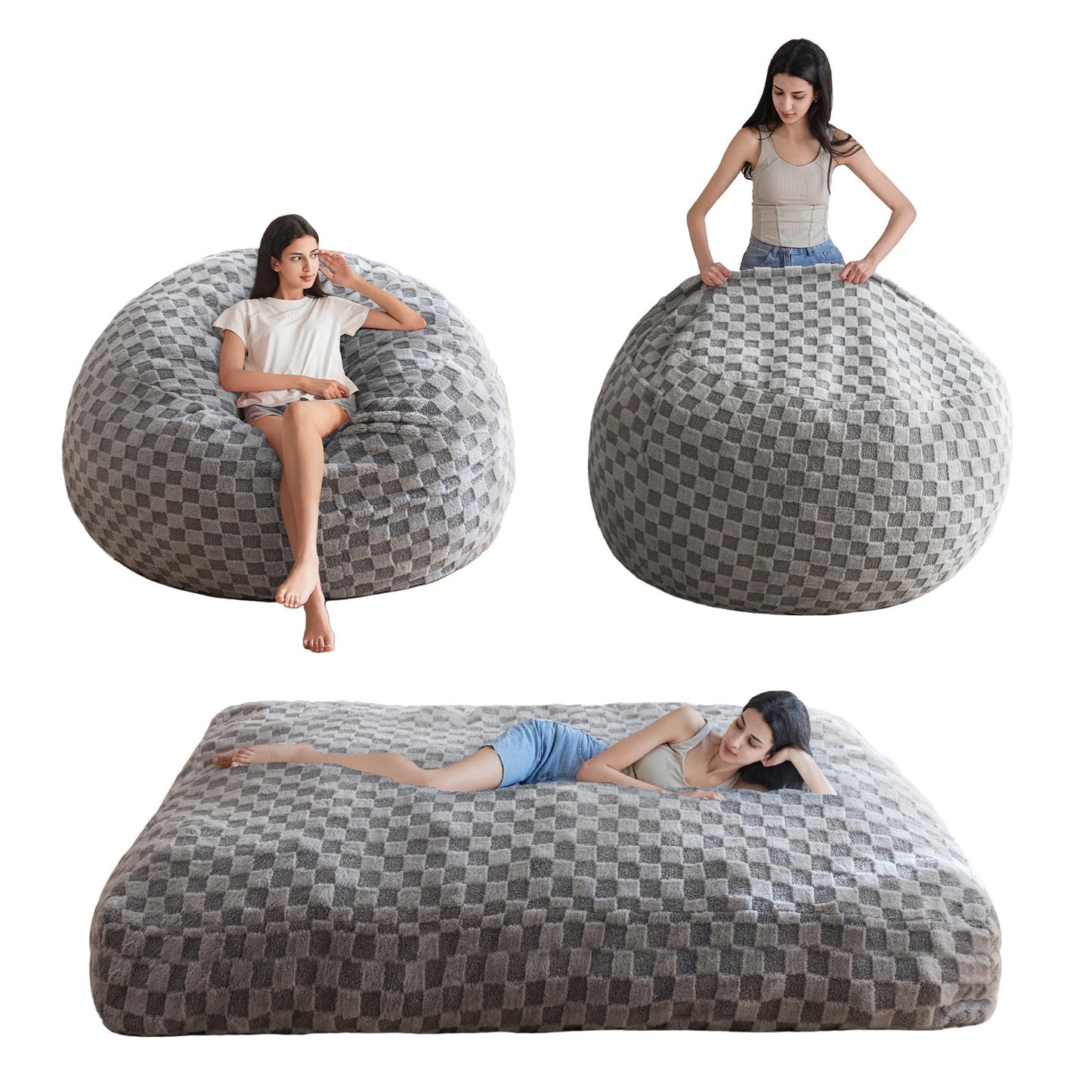 Giant Bean Bag Chair Bed for Adults, Convertible Beanbag Folds from Lazy Chair to Floor Mattress Bed, Large Floor Sofa Couch, Big Sofa Bed, High-Density Foam Filling, Machine Washable Cover